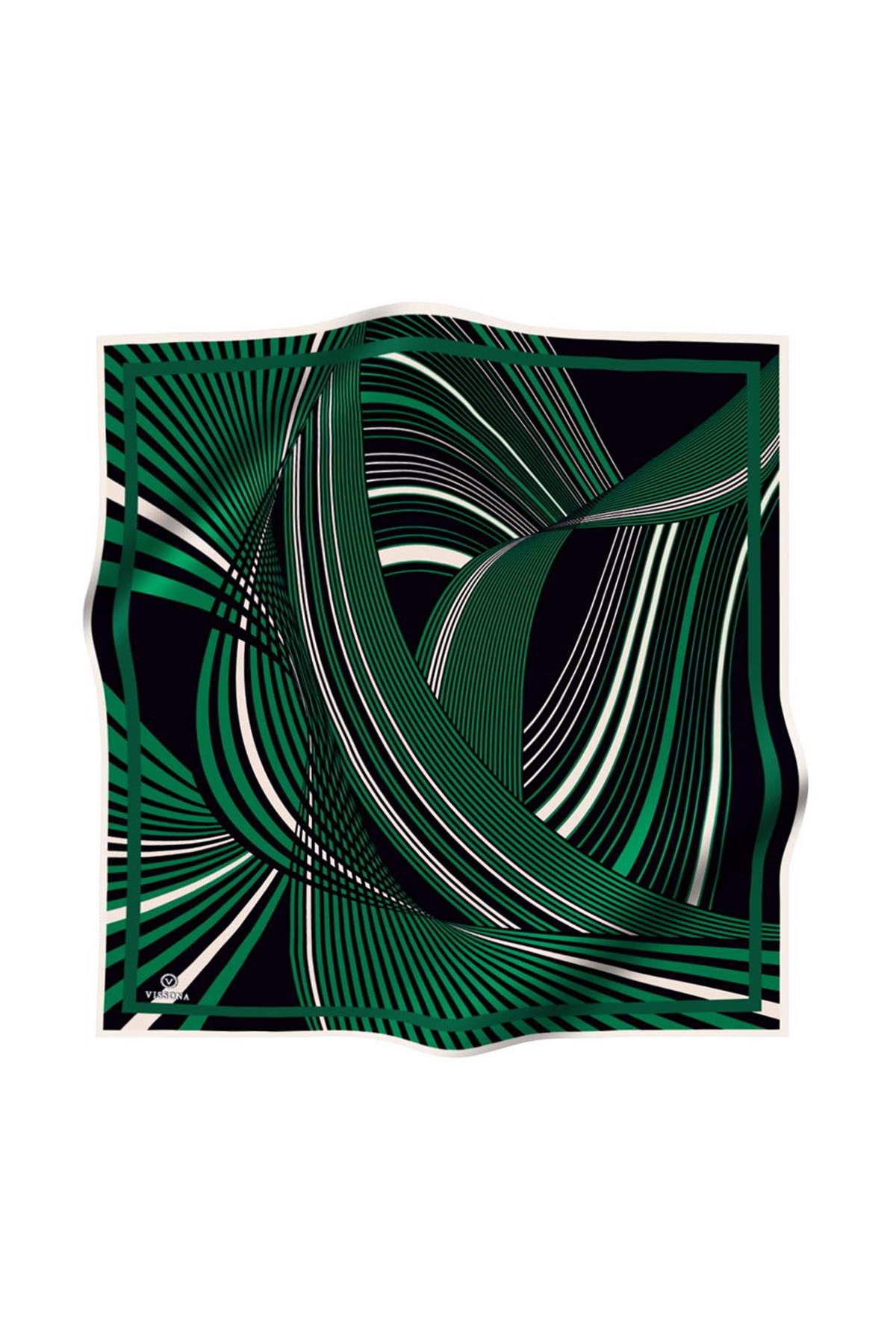 %100 Twill İpek Çizgili Desenli Zümrüt Yeşili - Krem Renkli 90x90 Eşarp Dikim Şekli : El Dikişi