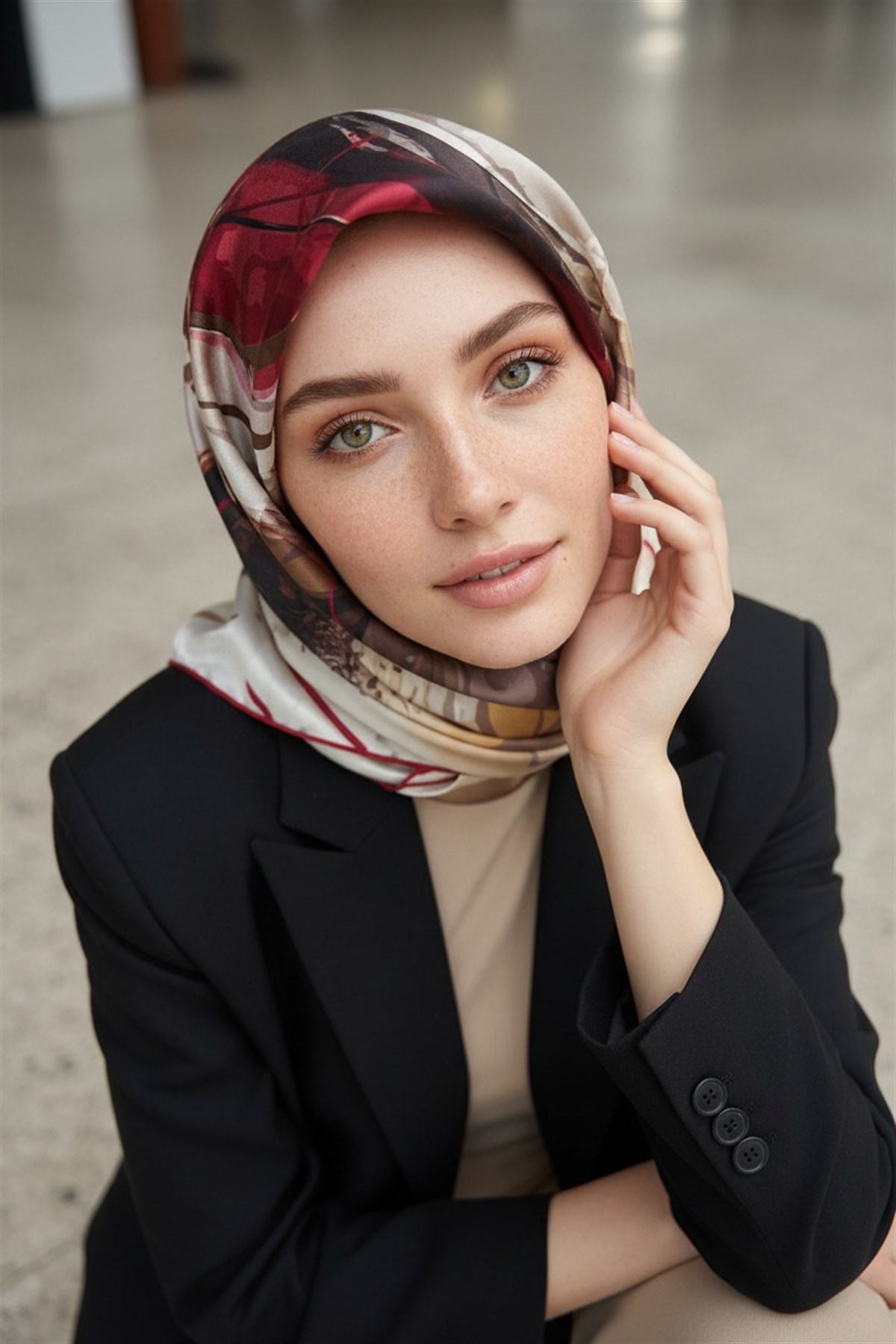 %100 Twill İpek Çiçekli Sulu Boya Dalga Desenli Bej - Bordo Renkli 90x90 Eşarp Dikim Şekli : El Dikişi