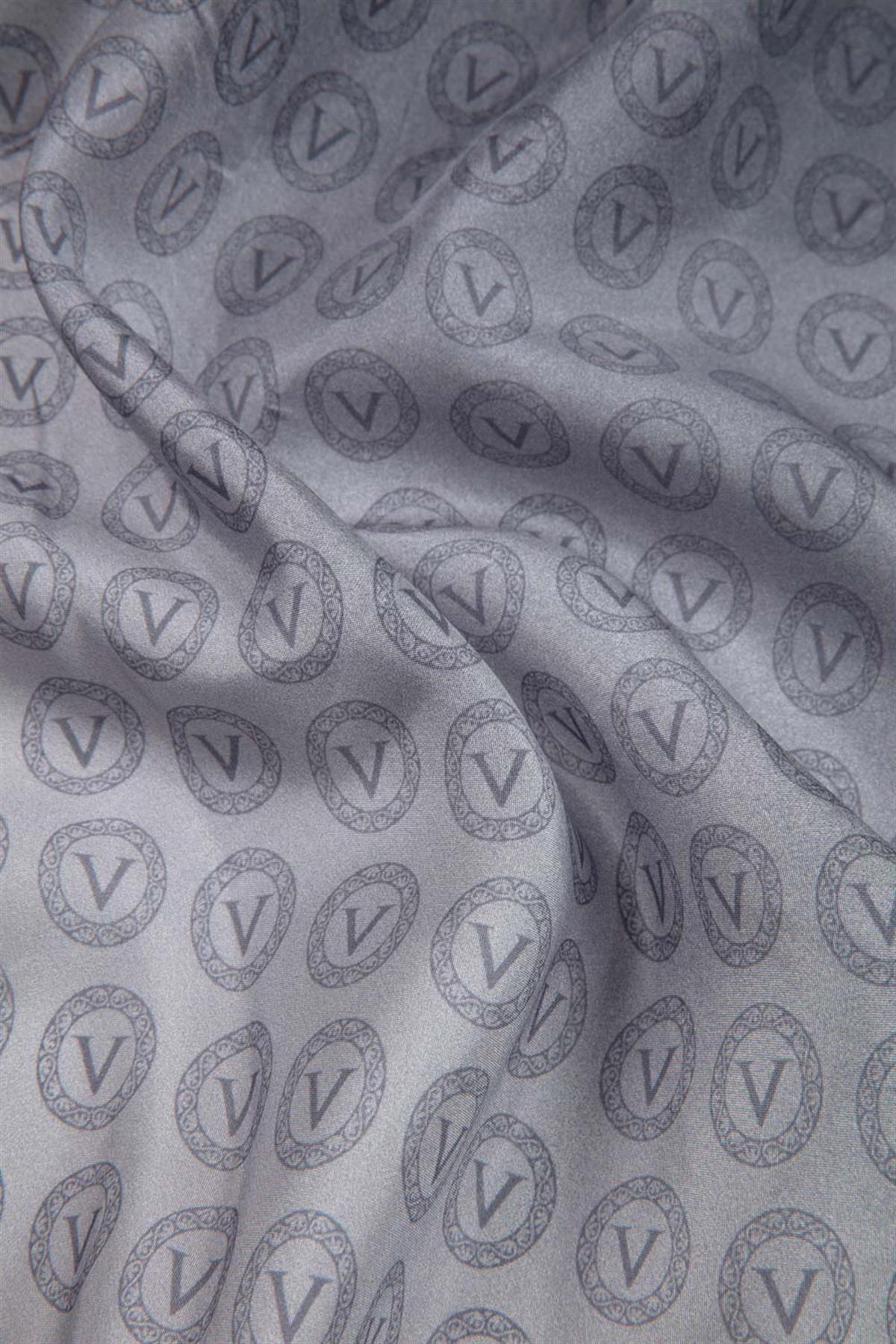 %100 İpek Degradeli Ve Monogram Desenli Gümüş - Gold Renkli 92x210 Şal