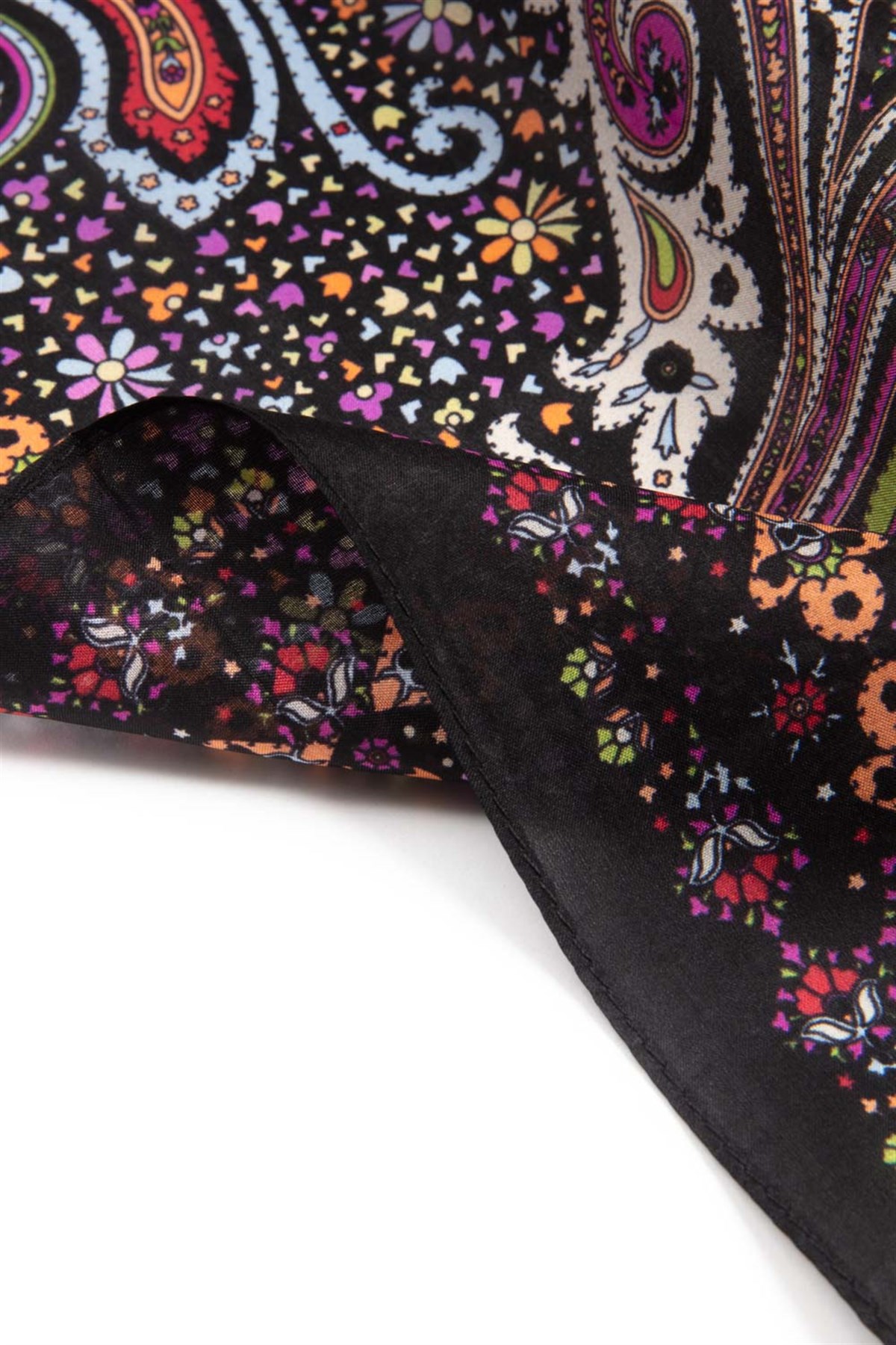 100% İpek Etro Desenli Siyah - Turuncu Renkli 92x210 Şal