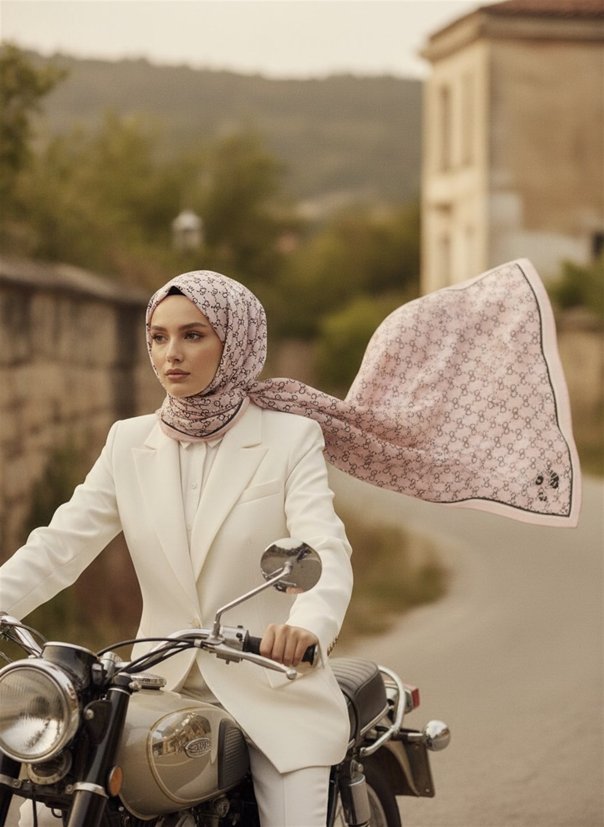 %100 İpek Minik Motif Desenli Pudra Renkli 92x210 Şal
