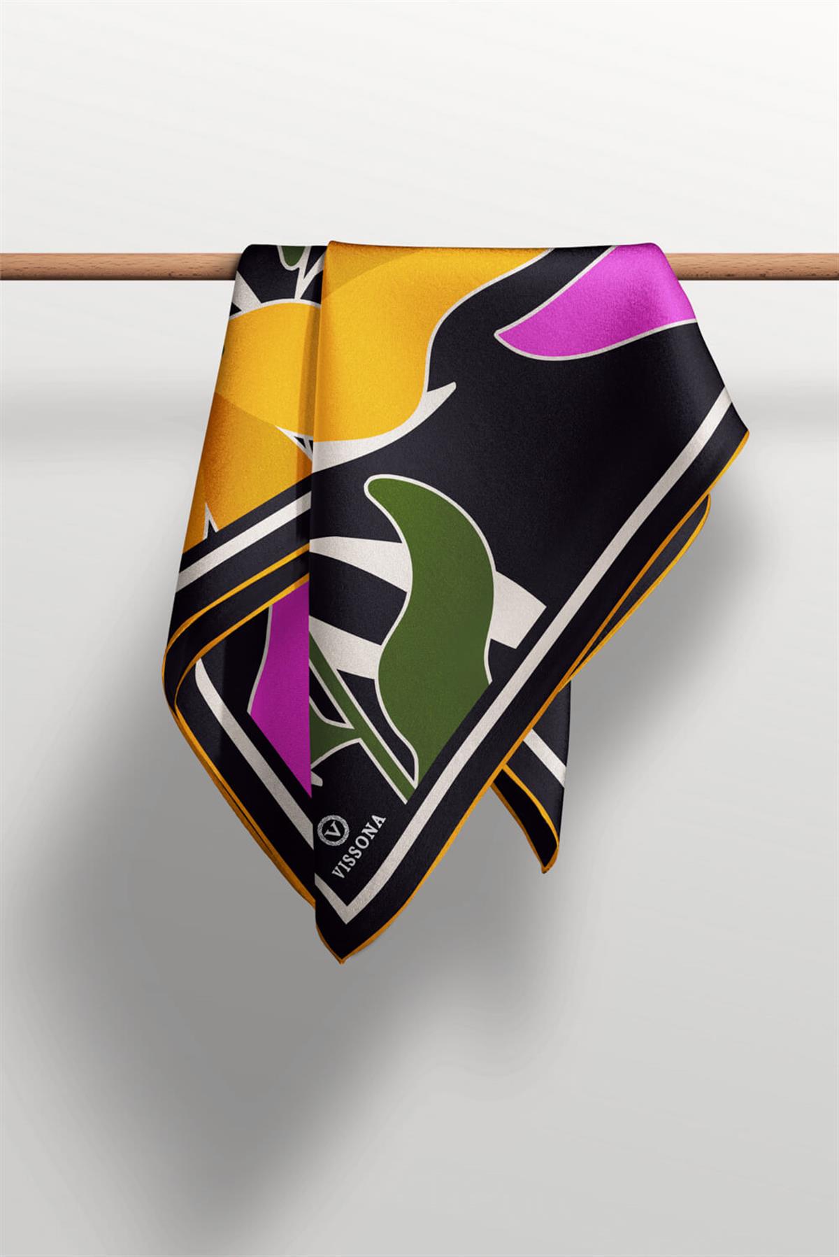 %100 Twill İpek Yaprak Desenli Pembe - Hardal Renkli 90x90 Eşarp Dikim Şekli : El Dikişi