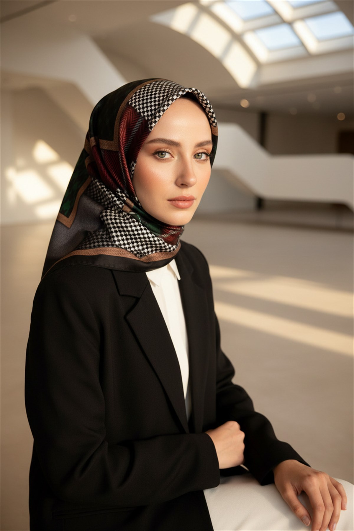 %100 Twill İpek Kazakayaklı Ve Ekose Desenli Siyah - Zümrüt Yeşili Renkli 90x90 Eşarp Dikim Şekli : El Dikişi