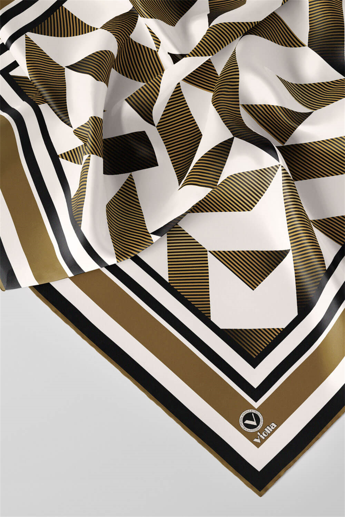 Twill Geometrik Desenli Hardal Renkli 90x90 Eşarp (İpek İçermez) Kenar Dikiş Şekli El Dikişli