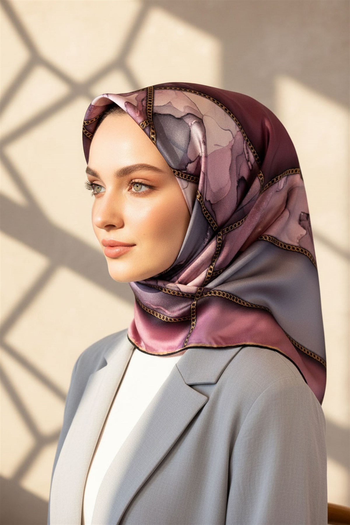 %100 Twill İpek Efektli Bant Desenli Lila - Gri Renkli 90x90 Eşarp Dikim Şekli : El Dikişi