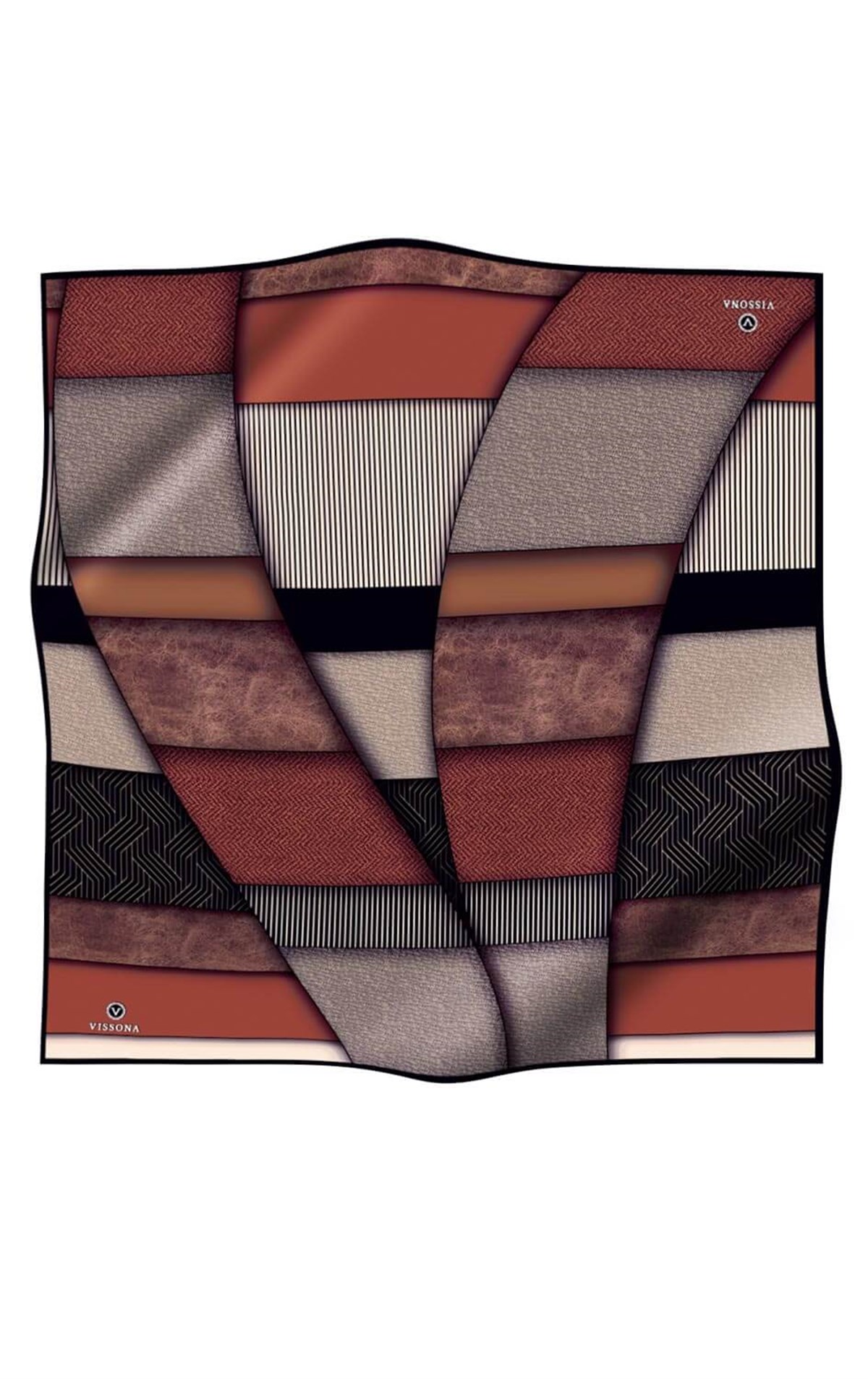 %100 Twill İpek Dokulu ve Geometrik Desenli Taba - Siyah Renkli 90x90 Eşarp Dikim Şekli : El Dikişi