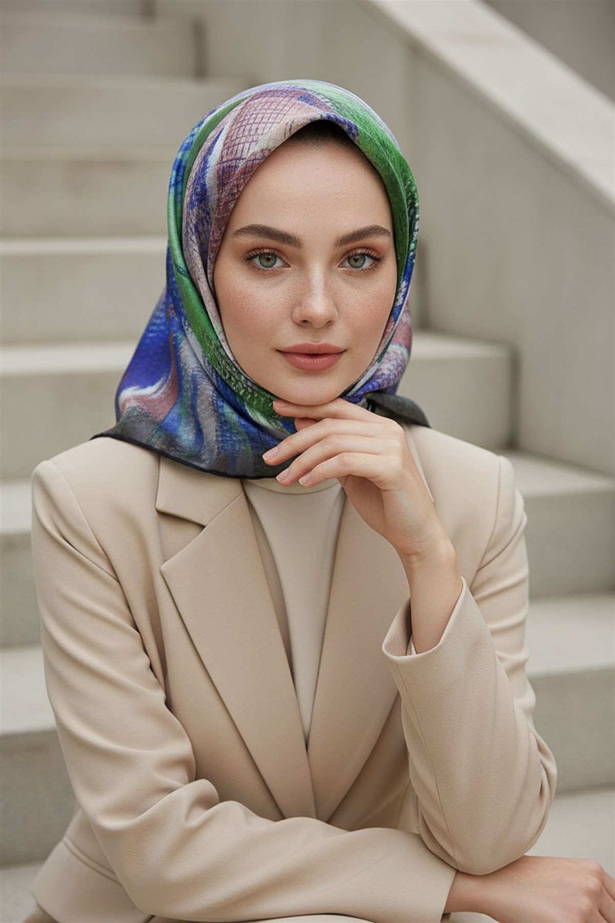 %100 Twill İpek Efektli ve Geometrik Desenli Saks - Mint Yeşili Renkli 90x90 Eşarp Dikim Şekli : El Dikişi
