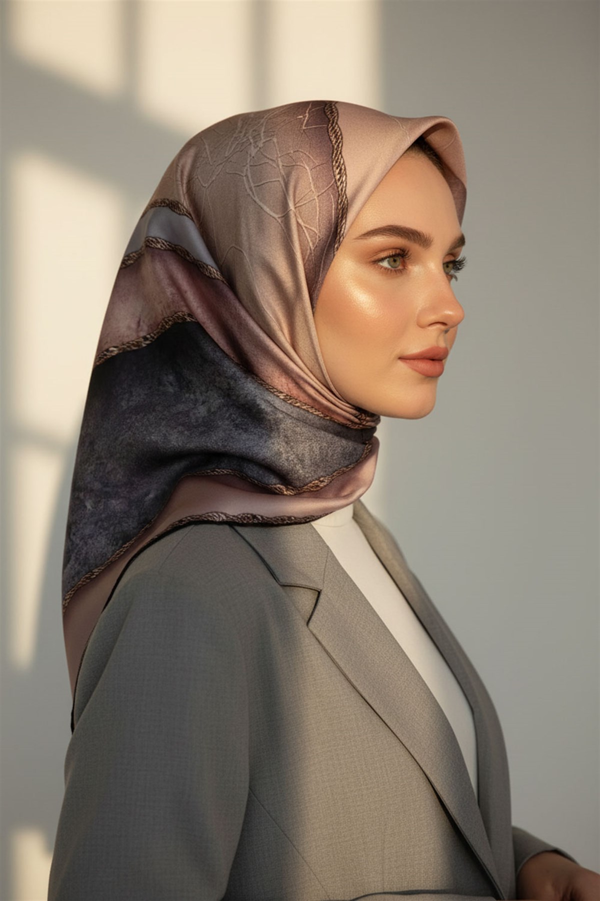 % 57 İPEK % 43 VİSKON Twill İpek Dokulu Geometrik Desenli Pudra - Gri Renkli 90x90 Eşarp Dikim Şekli : El Dikişi