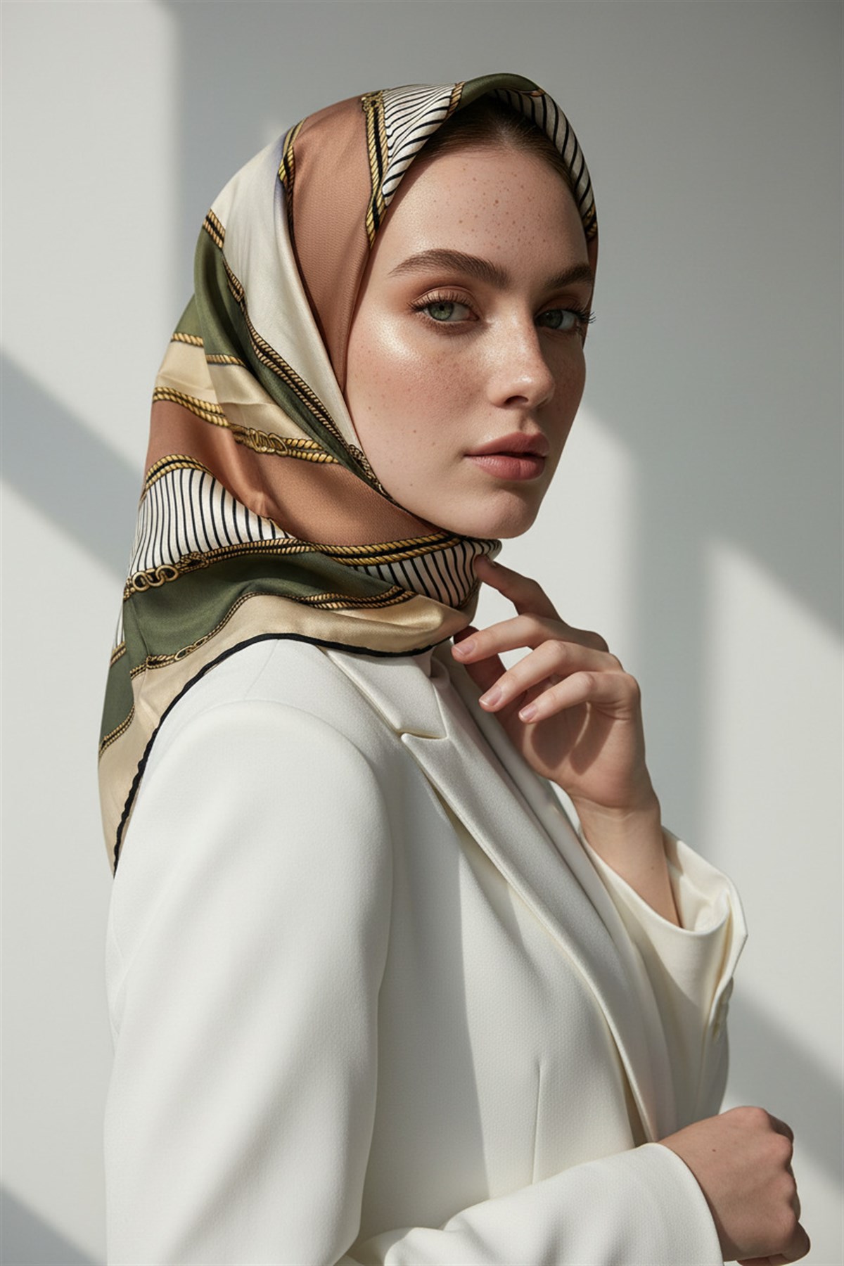 %100 Twill İpek Zincir Detaylı Geometrik Desenli Haki - Bakır Renkli 90x90 Eşarp Dikim Şekli : El Dikişi