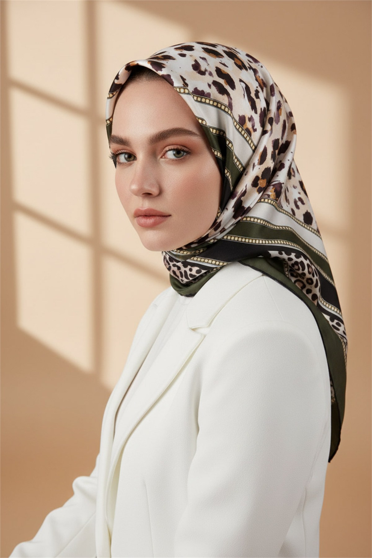 Twill Kemerli ve Leopar Desenli Zümrüt Yeşili Renkli 90x90 Eşarp (İpek İçermez) Dikim Şekli : El Dikişi