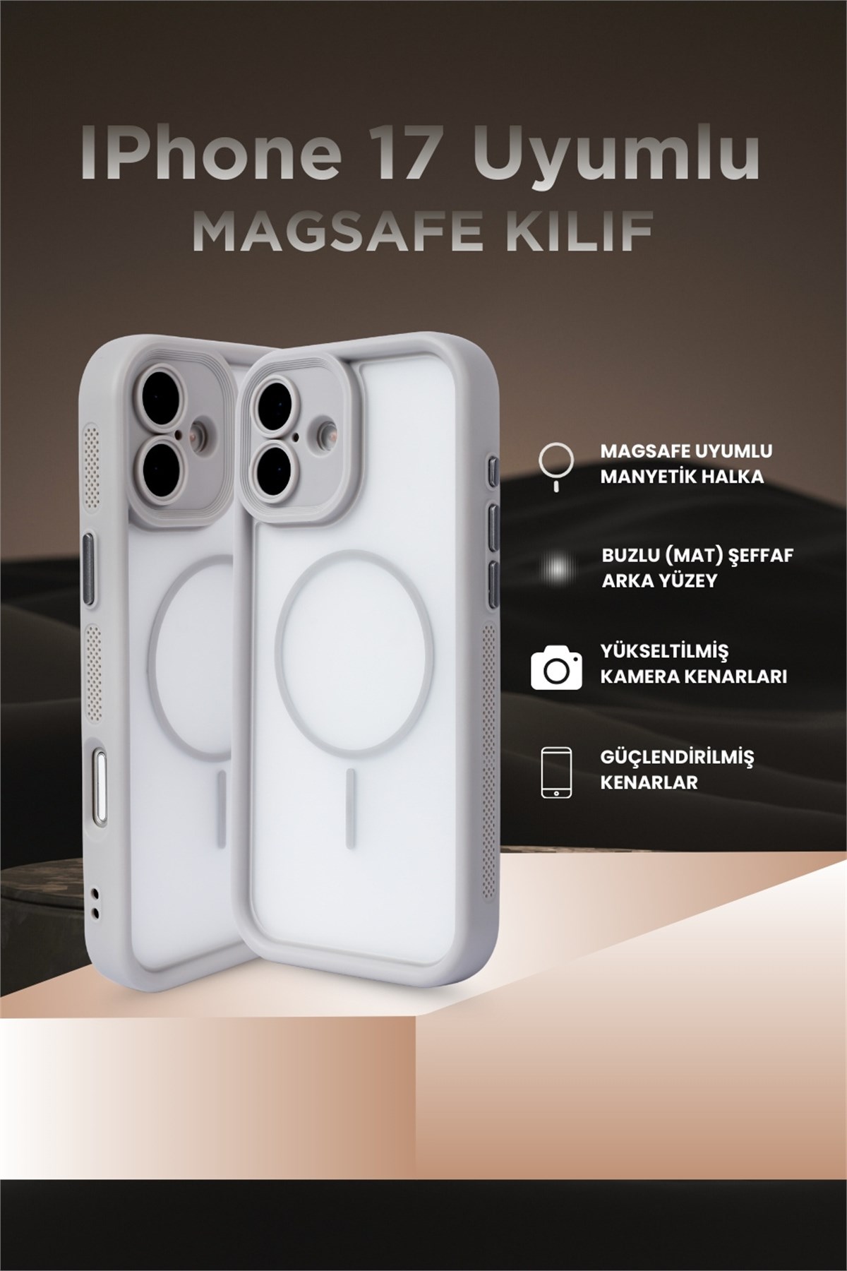 iPhone 17 Kılıf – Kamera Korumalı – MagSafe Uyumlu – Gri Renk – Mat Silikon Telefon Kılıfı