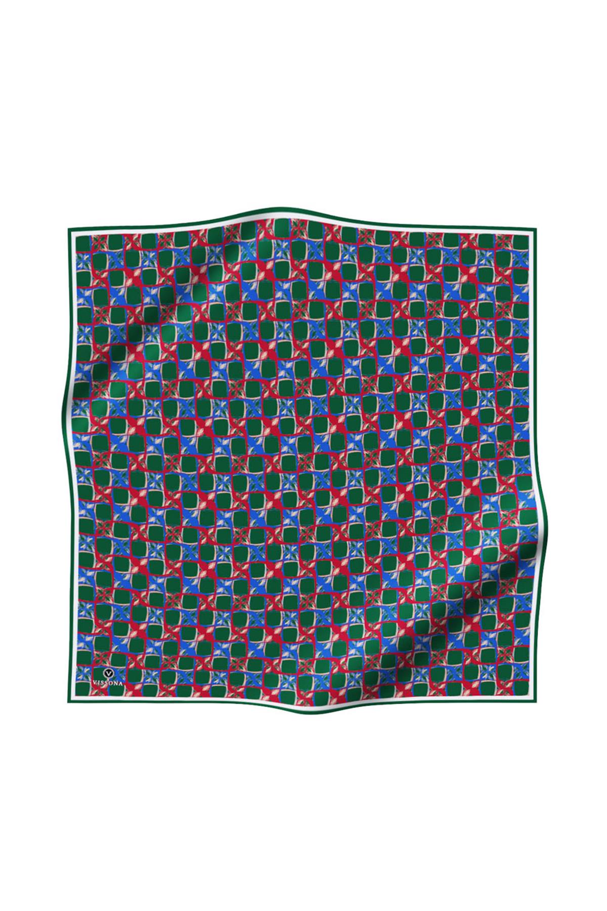 %100 Twill İpek Geometrik Desenli Zümrüt Yeşili Renkli 90x90 Eşarp Dikim Şekli : El Dikişi