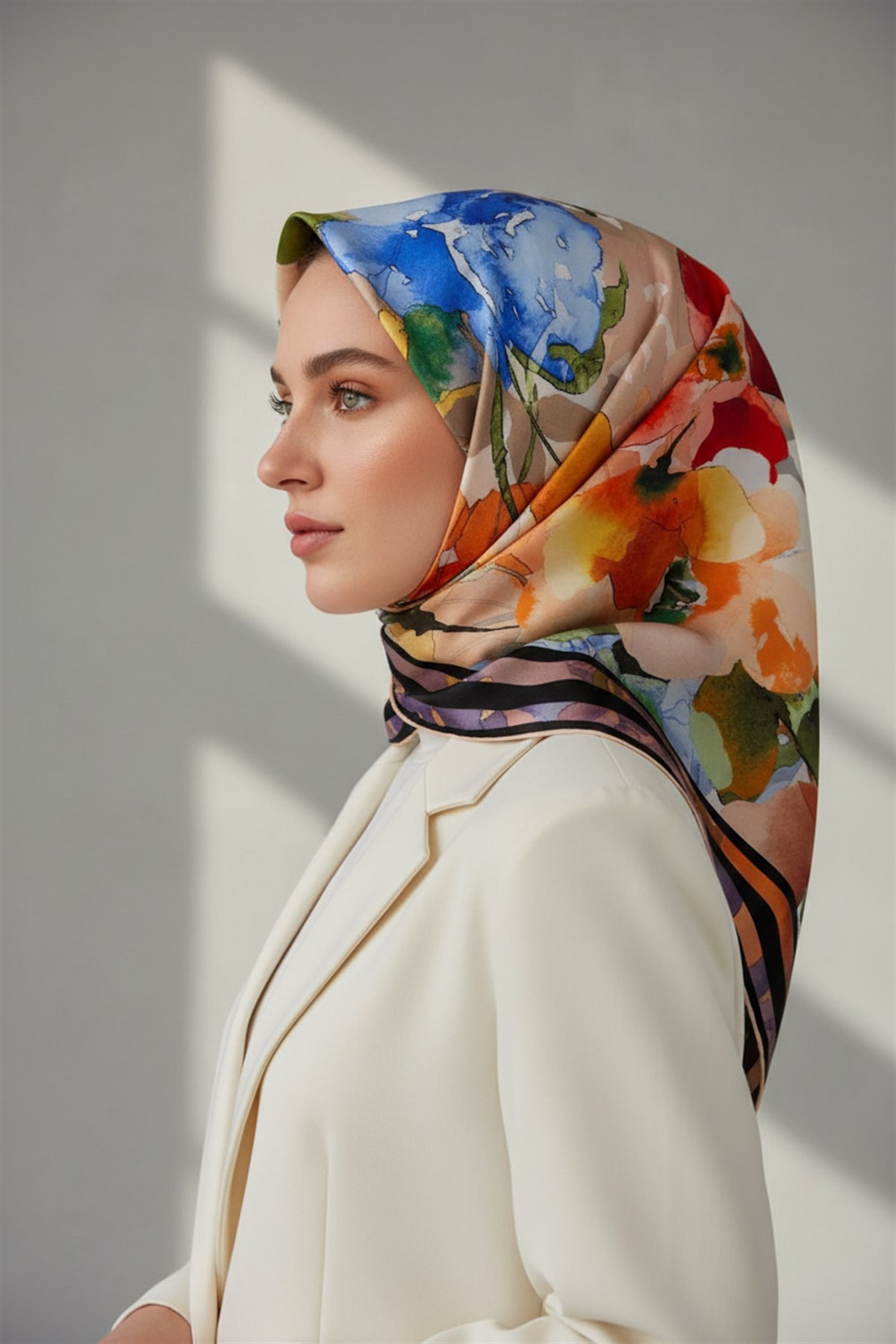 %100 Twill İpek Sulu Boyalı Çiçek Desenli Somon - Kırmızı Renkli 90x90 Eşarp Dikim Şekli : El Dikişi