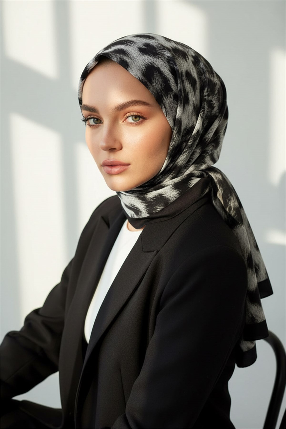 KREP LEOPAR DESENLİ SİYAH - KREM RENKLİ 75X195 KIRIŞMAZ ŞAL