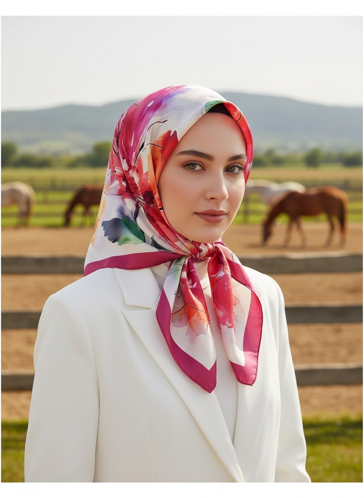 %100 Twill İpek Sulu Boya Çiçek Desenli Kırmızı - Fuşya Renkli 90x90 Eşarp Dikim Şekli : El Dikişi