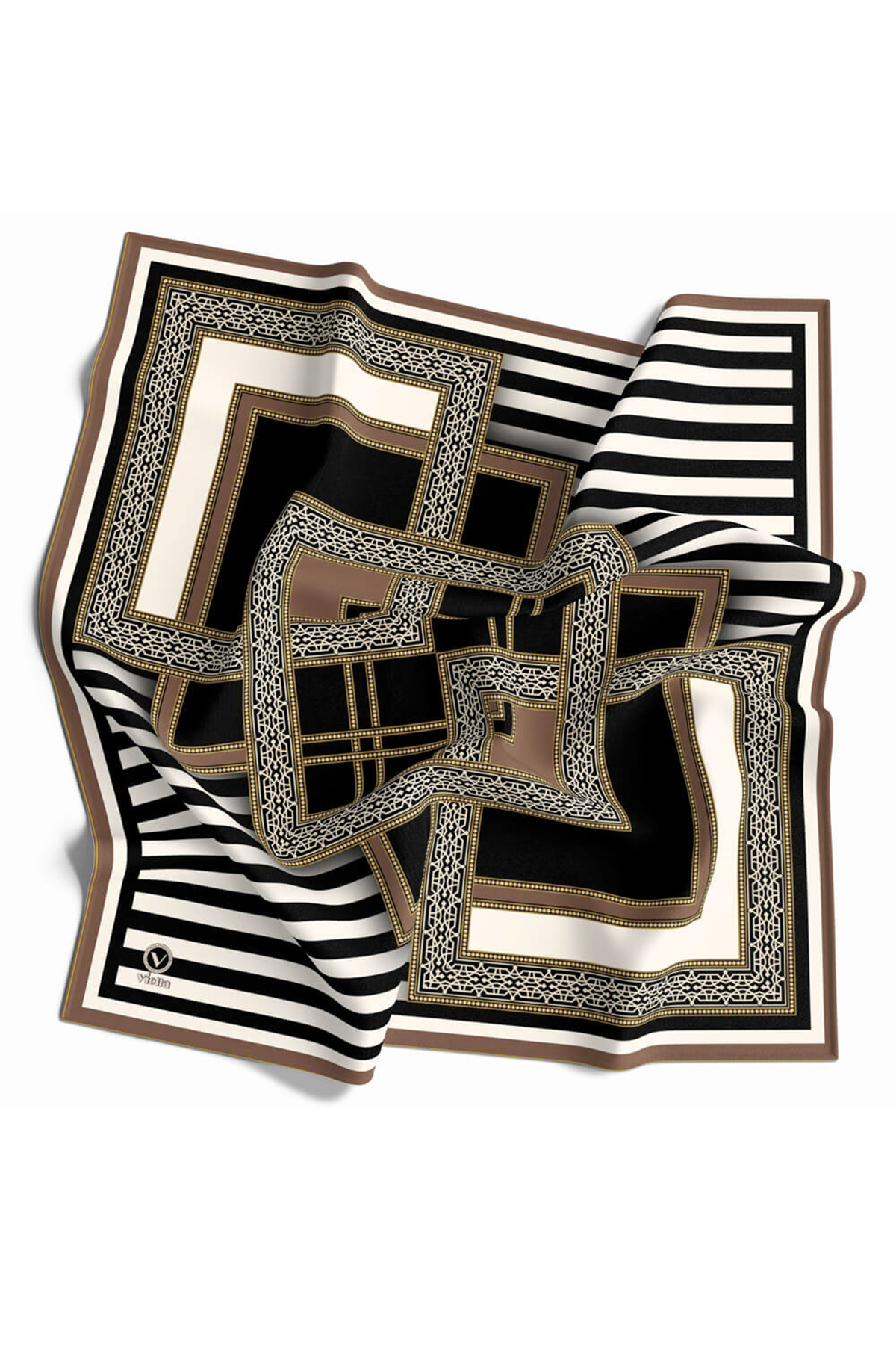 Twill Çizgili ve Kareli Desenli Vizon Renkli 90x90 Eşarp (İpek İçermez) Kenar Dikiş Şekli El Dikişli
