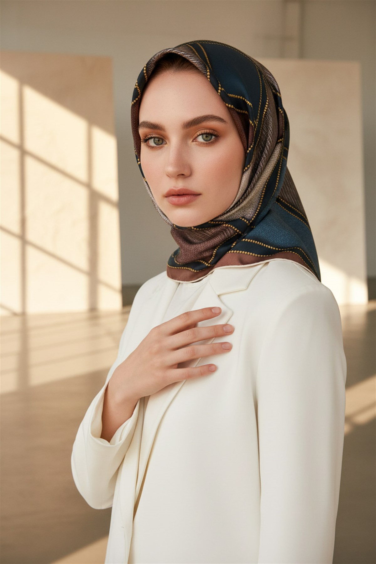 100% Twill İpek Gold Detaylı Kare Desenli Gül Kurusu - Petrol Yeşili Renkli 90x90 Dikim Şekli : El Dikişi