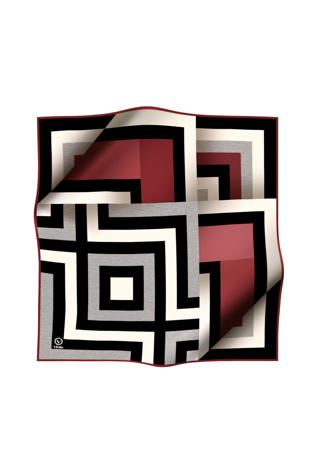 Twill Geometrik Desenli Bordo Renkli 90x90 Eşarp (İpek İçermez) Dikim Şekli : El Dikişi