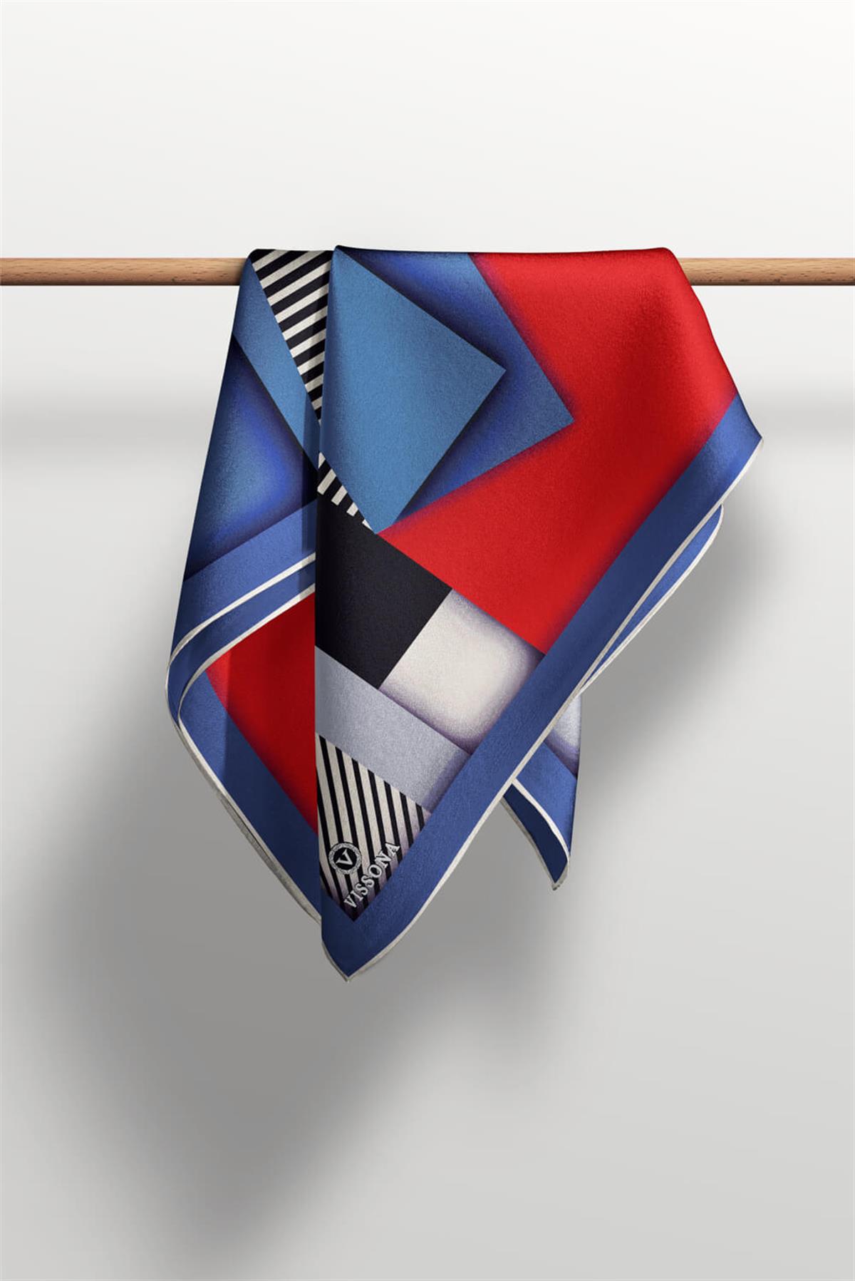 %100 Twill Renk Bloklu Çizgili Desenli Bordo - İndigo Renkli 90x90 Eşarp Dikim Şekli: El Dikişii
