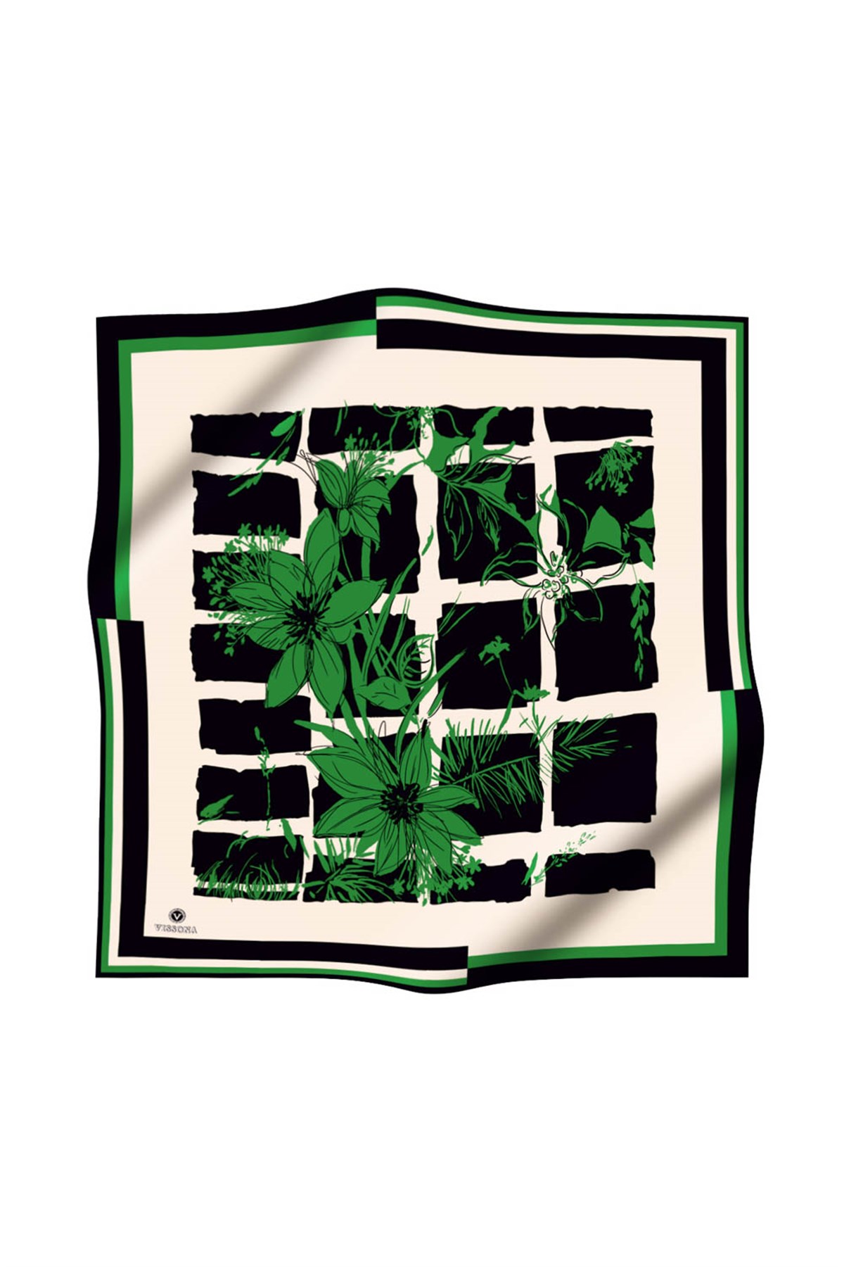 %100 Twill İpek Çiçekli ve Geometrik Desenli Benetton Yeşili - Siyah Renkli 90x90 Eşarp Dikim Şekli : El Dikişi