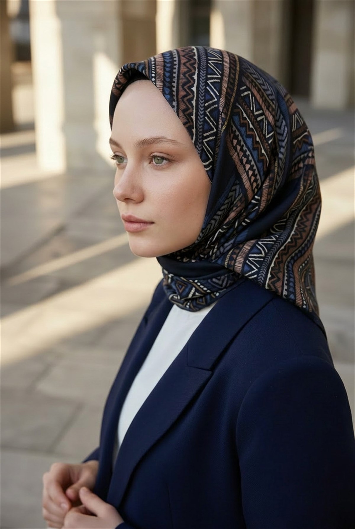 %100 Twill İpek Etnik Desenli İndigo - Lacivert Renkli 90x90 Eşarp Dikim Şekli : El Dikişi