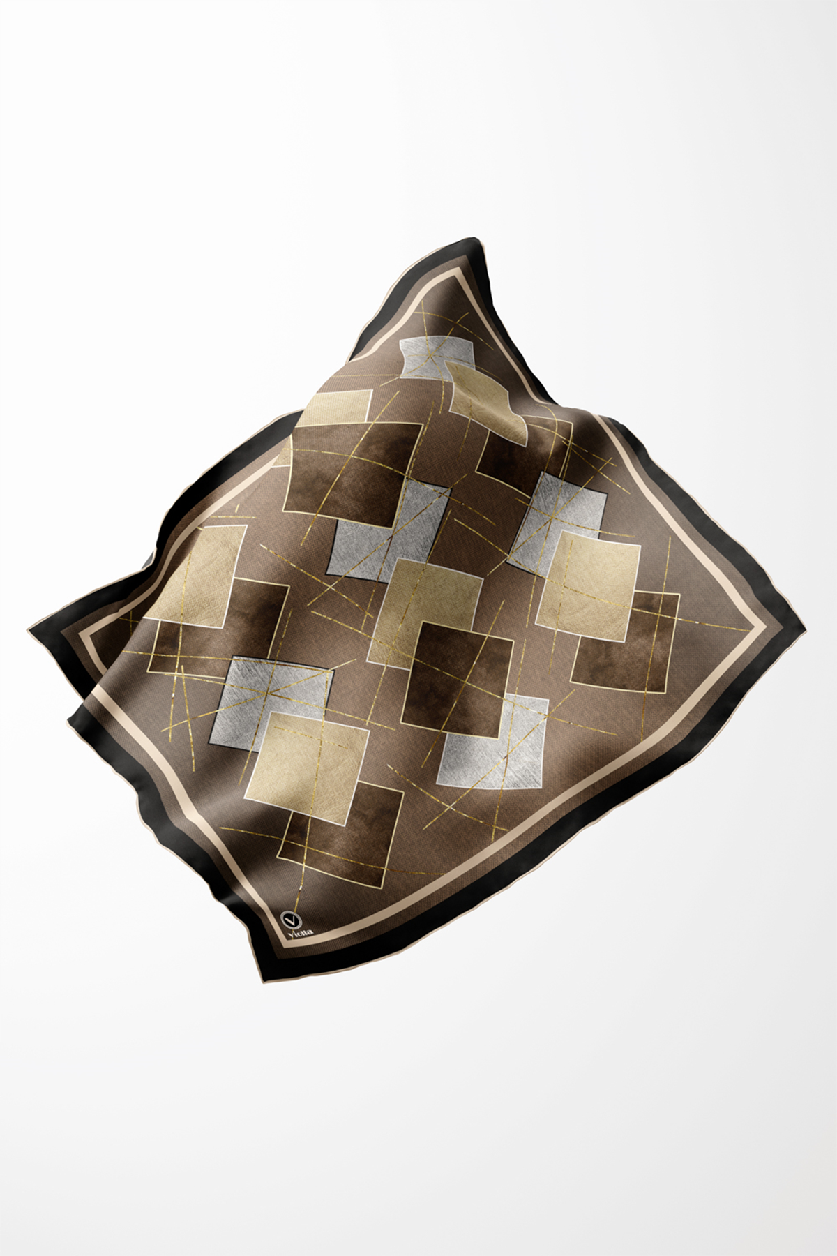 Twill Geometrik Desenli Vizon Renkli 90x90 Eşarp (İpek İçermez) Kenar Dikiş Şekli El Dikişli