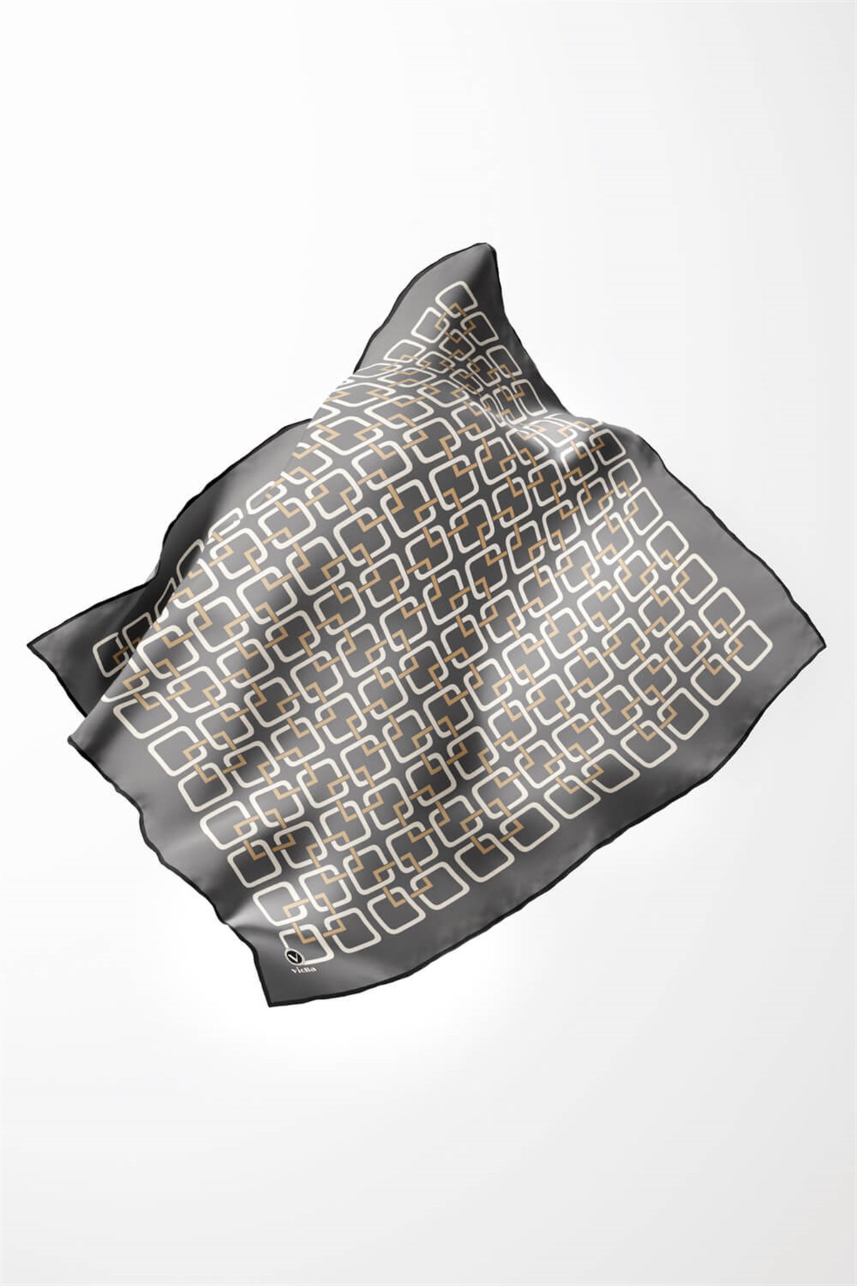Twill Geometrik Desenli Gri Renkli 90x90 Eşarp (İpek İçermez) Kenar Dikiş Şekli El Dikişli