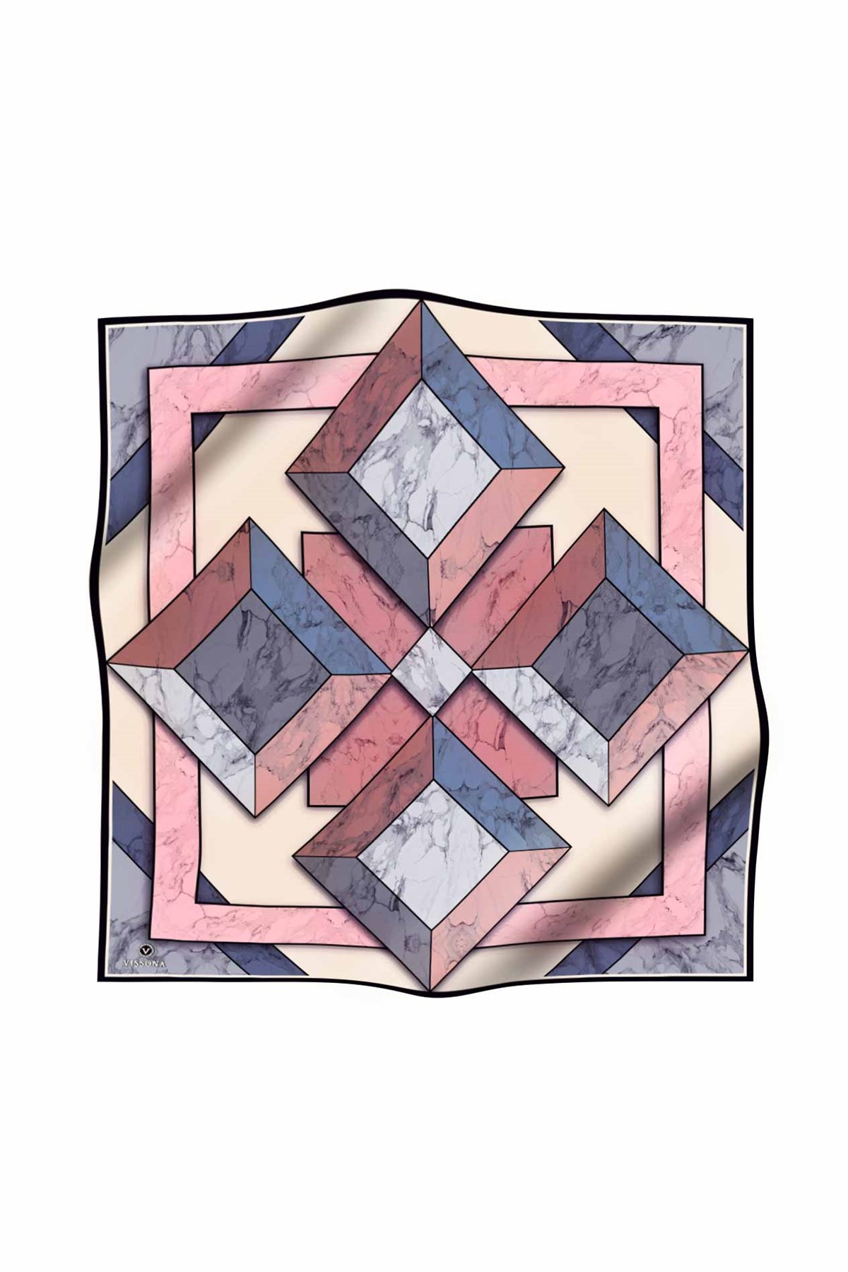 %100 Twill İpek Mermer Desenli Pudra - Bebe Mavisi Renkli 90x90 Eşarp Dikim Şekli : El Dikişi