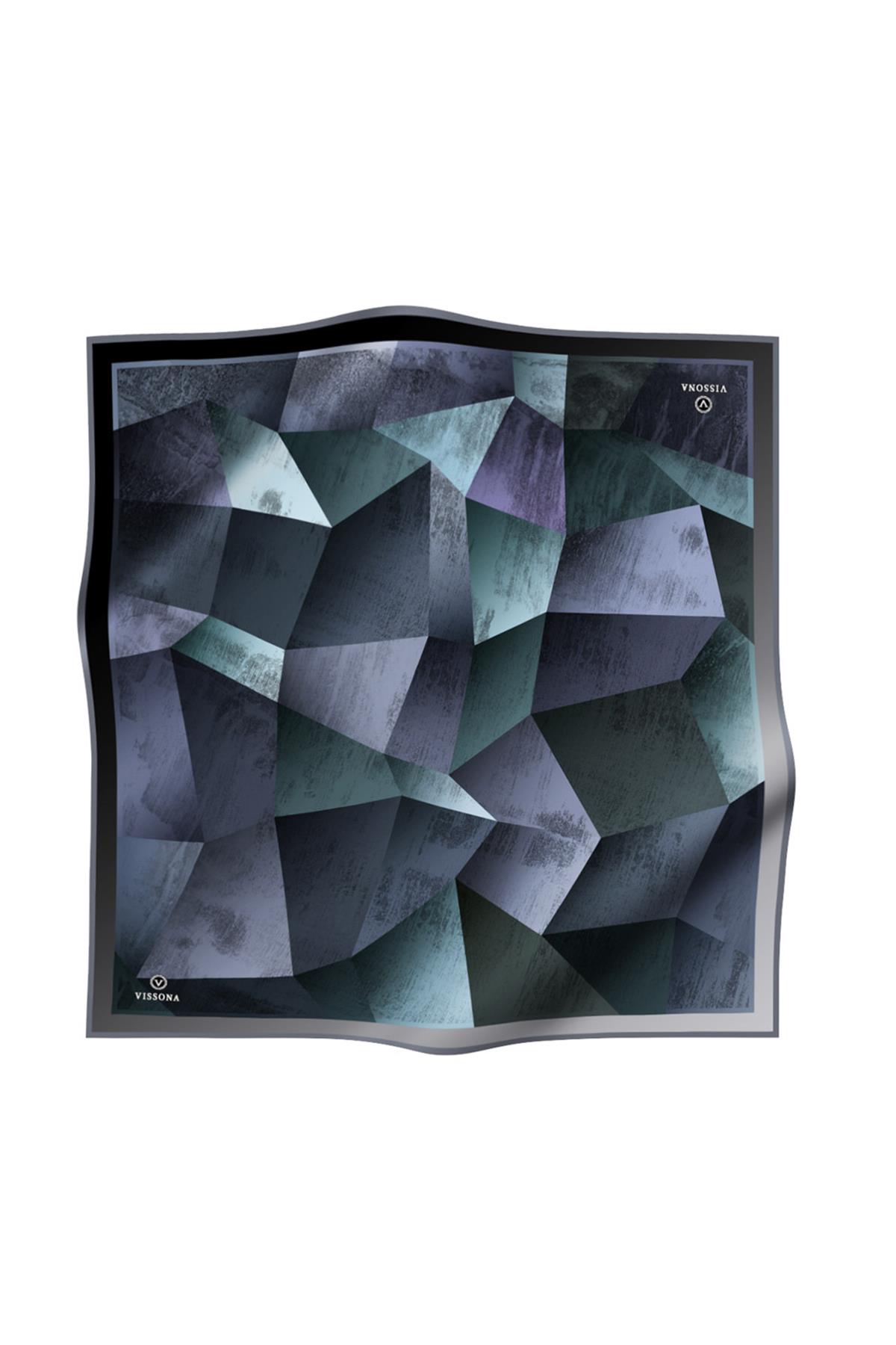 %100 Twill İpek Geometrik Desenli Cam Göbeği - Gri Renkli 90x90 Eşarp Dikim Şekli : El Dikişi