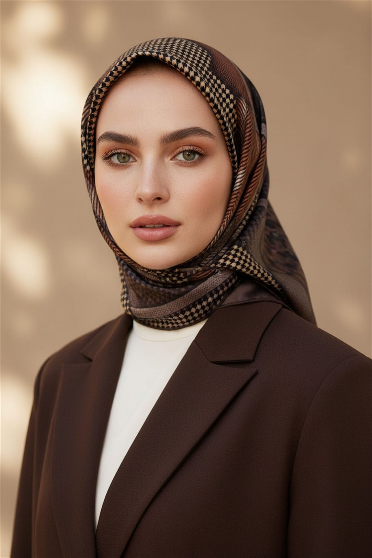 %100 Twill İpek Kazakayaklı Ve Ekose Desenli Kahverengi - Bej Renkli 90x90 Eşarp Dikim Şekli : El Dikişi