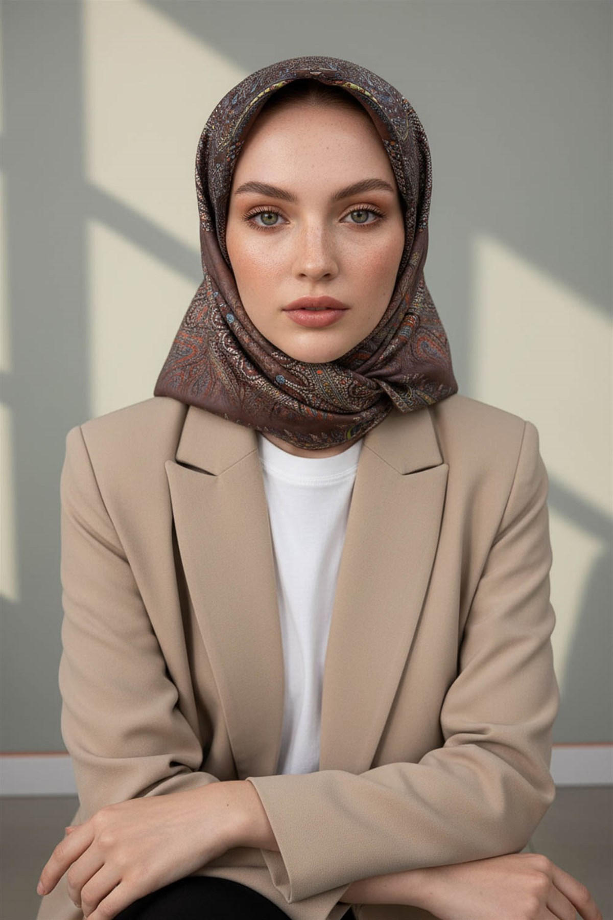 %100 Twill İpek Şal Desenli Kahverengi Renkli 90x90 Eşarp Dikim Şekli : El Dikişi