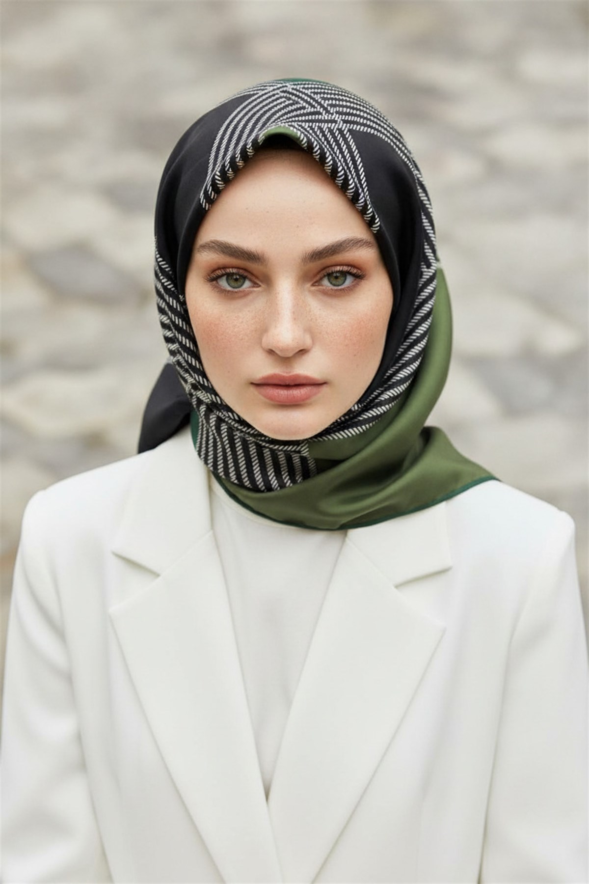% 57 İPEK % 43 VİSKON Twill İpek Geometrik Desenli Zümrüt Yeşili Renkli 90x90 Eşarp Dikim Şekli : El Dikişi