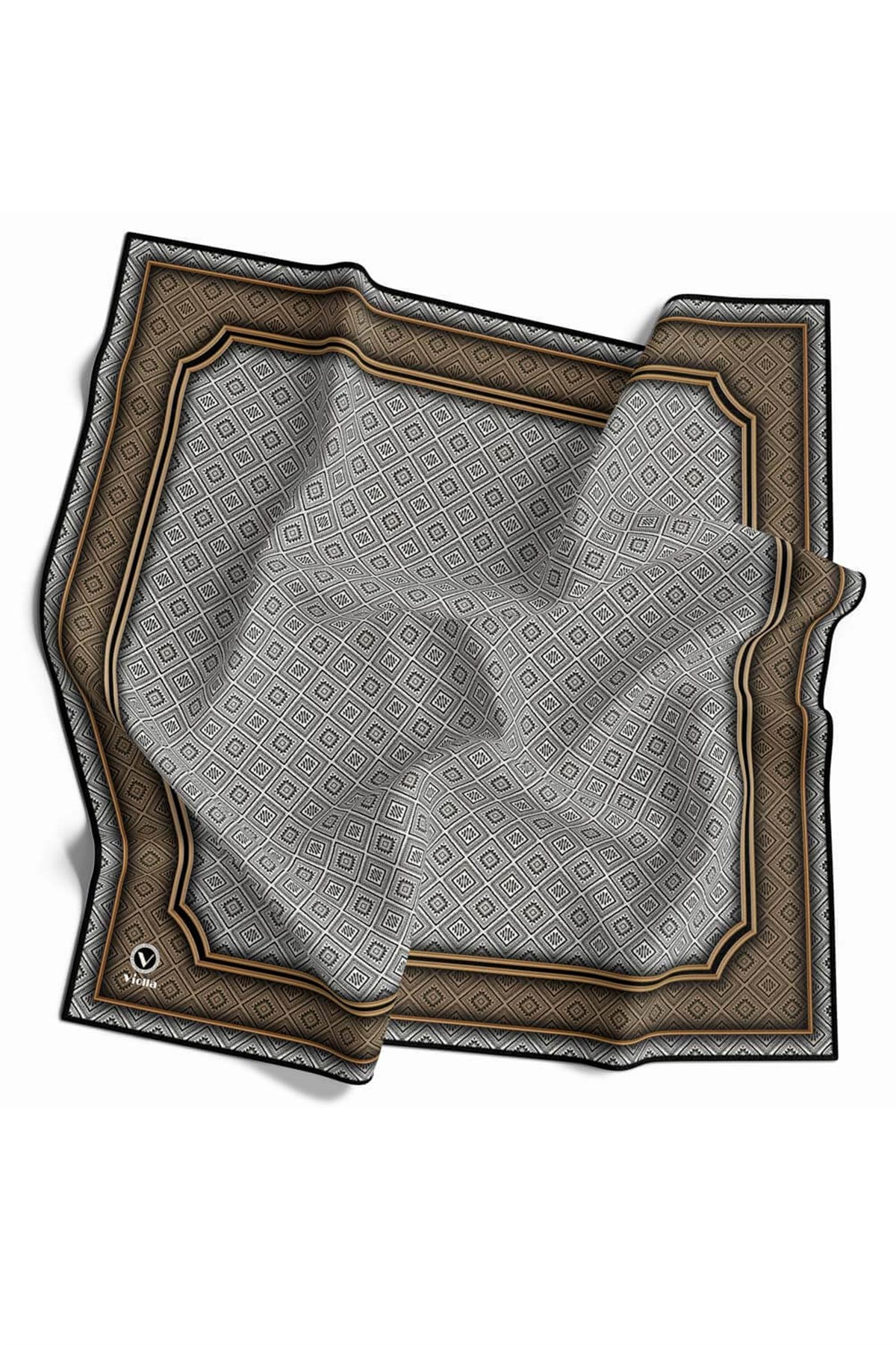 Twill Geometrik Çıtır Desenli Vizon Renkli 90x90 Eşarp (İpek İçermez) Kenar Dikiş Şekli El Dikişli