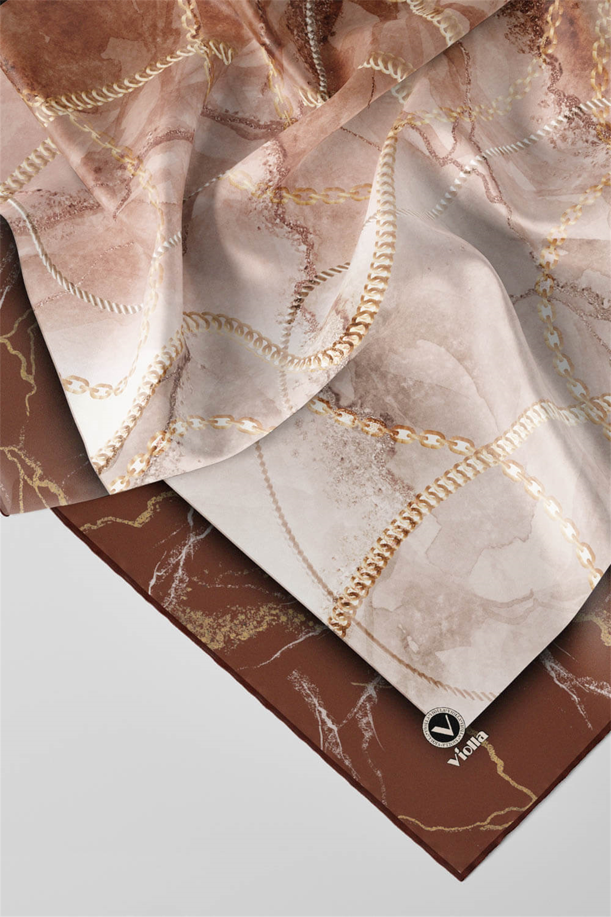 Twill Mermer ve Zincir Desenli Bakır Renkli 90x90 Eşarp (İpek İçermez) Kenar Dikiş Şekli El Dikişli
