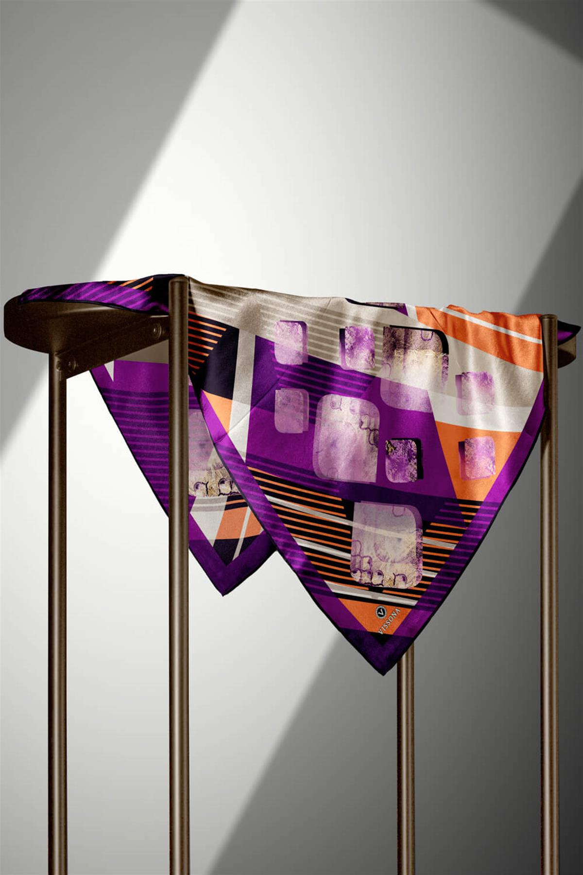 %100 Twill İpek Geometrik Desenli Mürdüm - Turuncu Renkli 90x90 Eşarp Dikim Şekli : El Dikişi