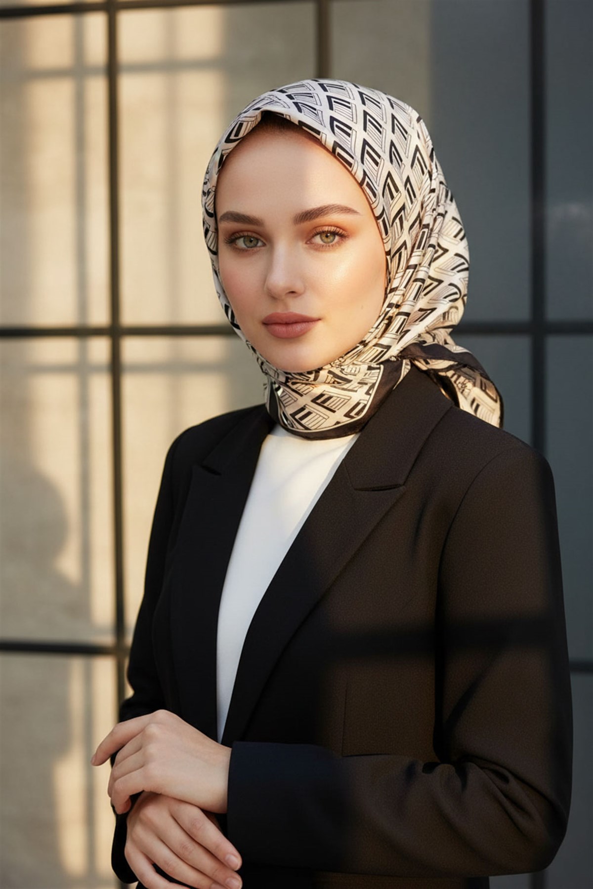 %100 Twill İpek Geometrik Desenli Krem - Siyah Renkli 90x90 Eşarp Dikim Şekli : El Dikişi