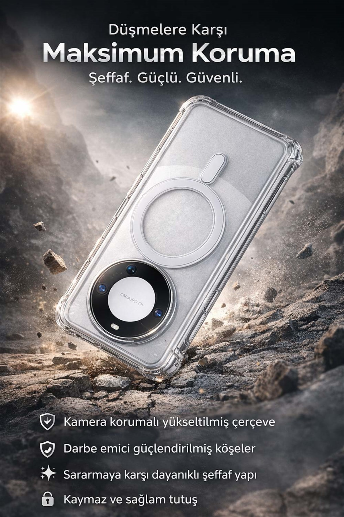 Huawei Mate 60 Pro Uyumlu Kamera Korumalı Magsafe Wireless Şarj Özellikli Lüks Şeffaf Silikon Telefon Kılıfı