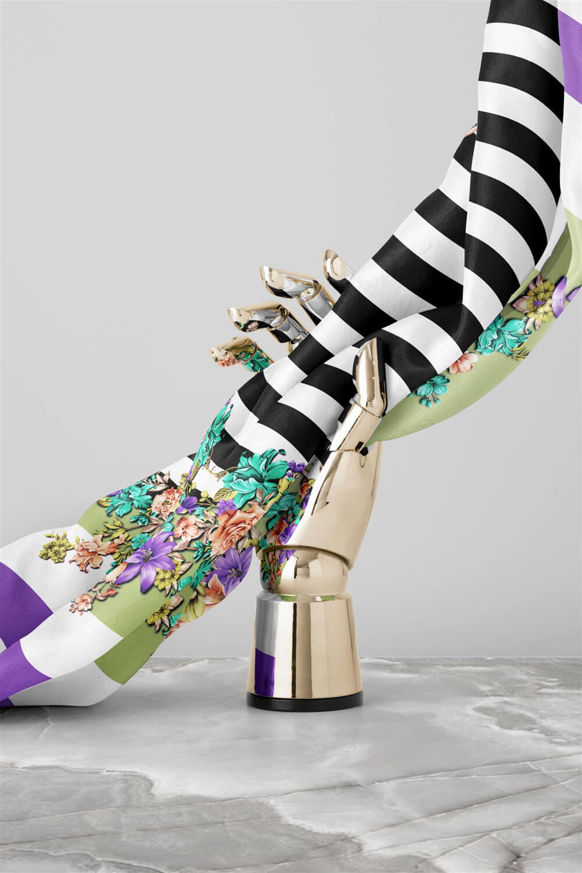 %100 Twill İpek Çıtır Çiçekli Ve Çizgi Desenli Mor - Haki Renkli 90x90 Eşarp Dikim Şekli : El Dikişi