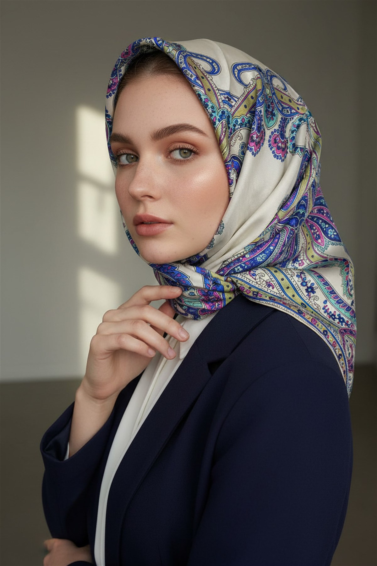 %100 Twill İpek Şal Desenli Krem - Saks Renkli 90x90 Eşarp Dikim Şekli : El Dikişi