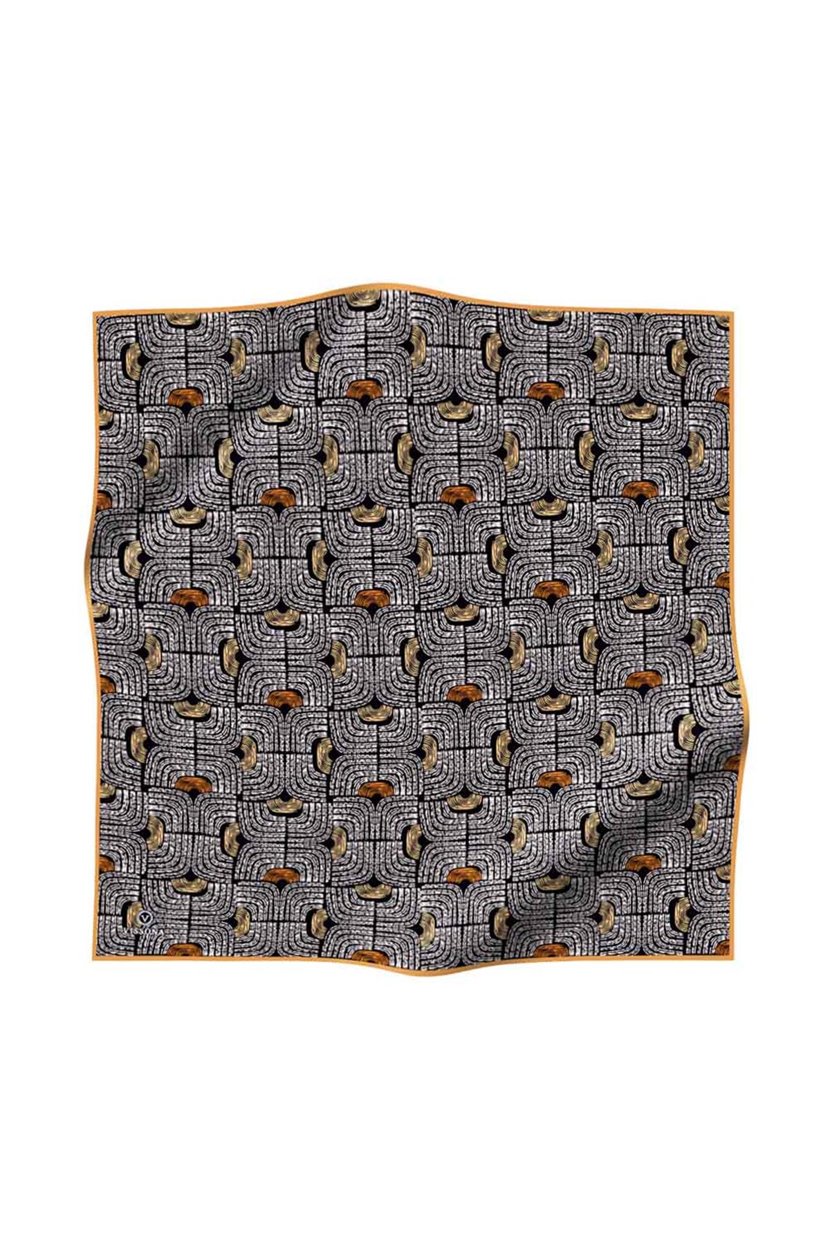 %100 Twill İpek Geometrik Desenli Taba - Hardal Renkli 90x90 Eşarp Dikim Şekli : El Dikişi