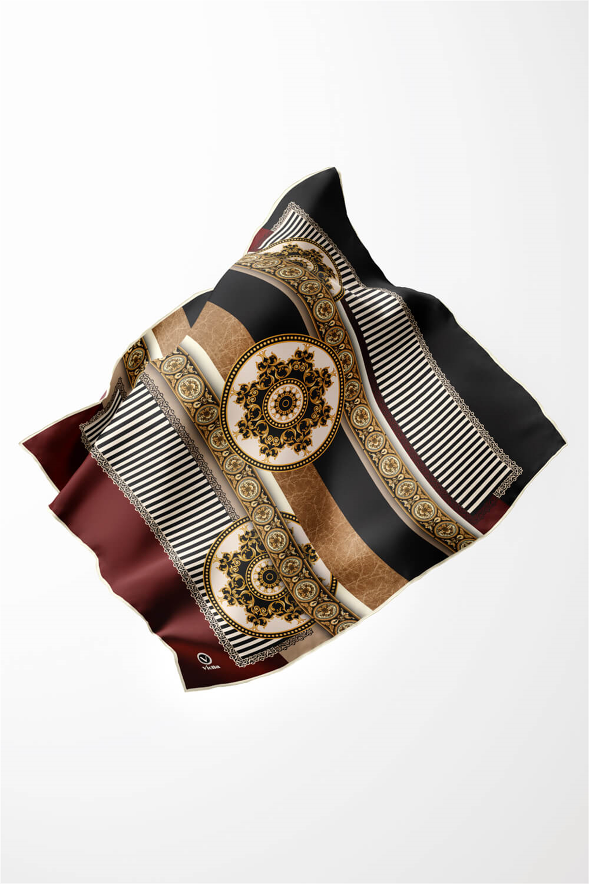 Twill Çizgili ve Barok Desenli Bordo Renkli 90x90 Eşarp (İpek İçermez) Kenar Dikiş Şekli El Dikişli