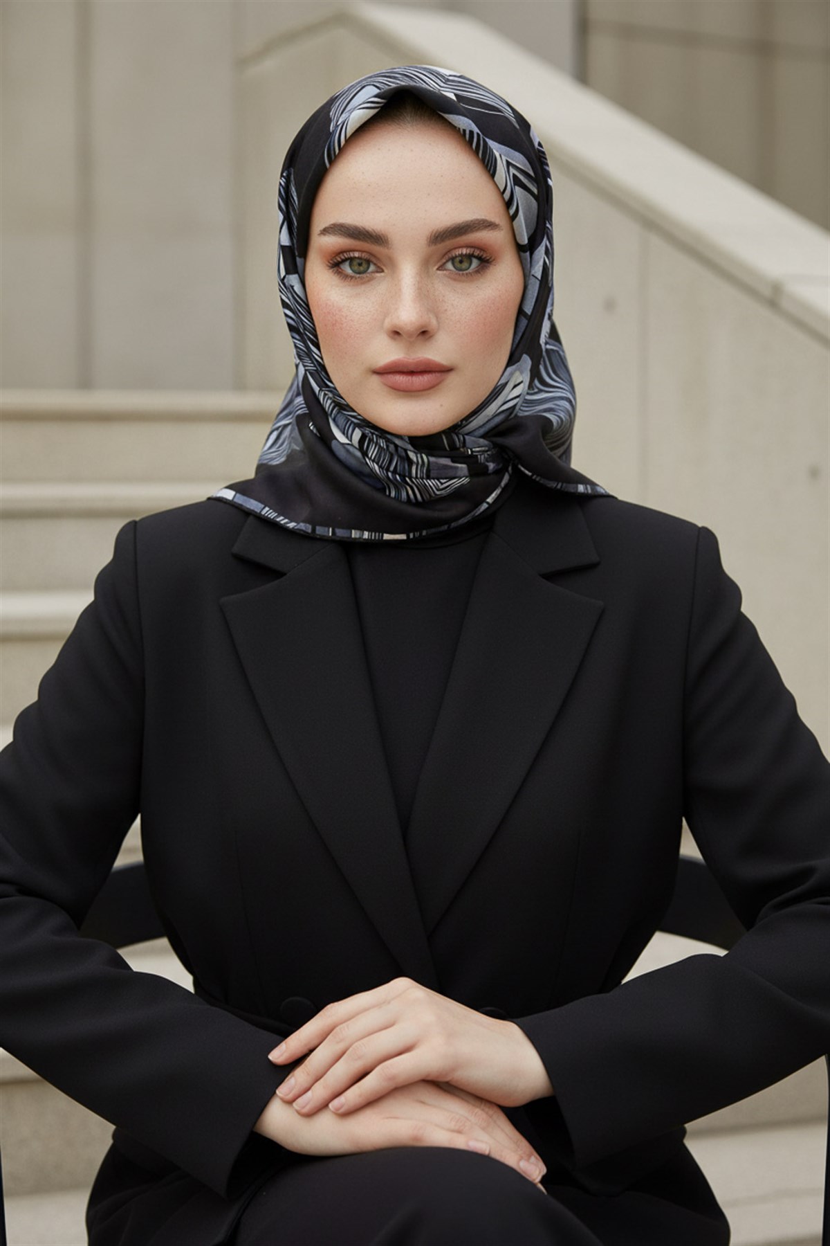%100 Twill İpek Geometrik Kare Desenli Siyah - Beyaz Renkli 90x90 Eşarp Dikim Şekli : El Dikişi
