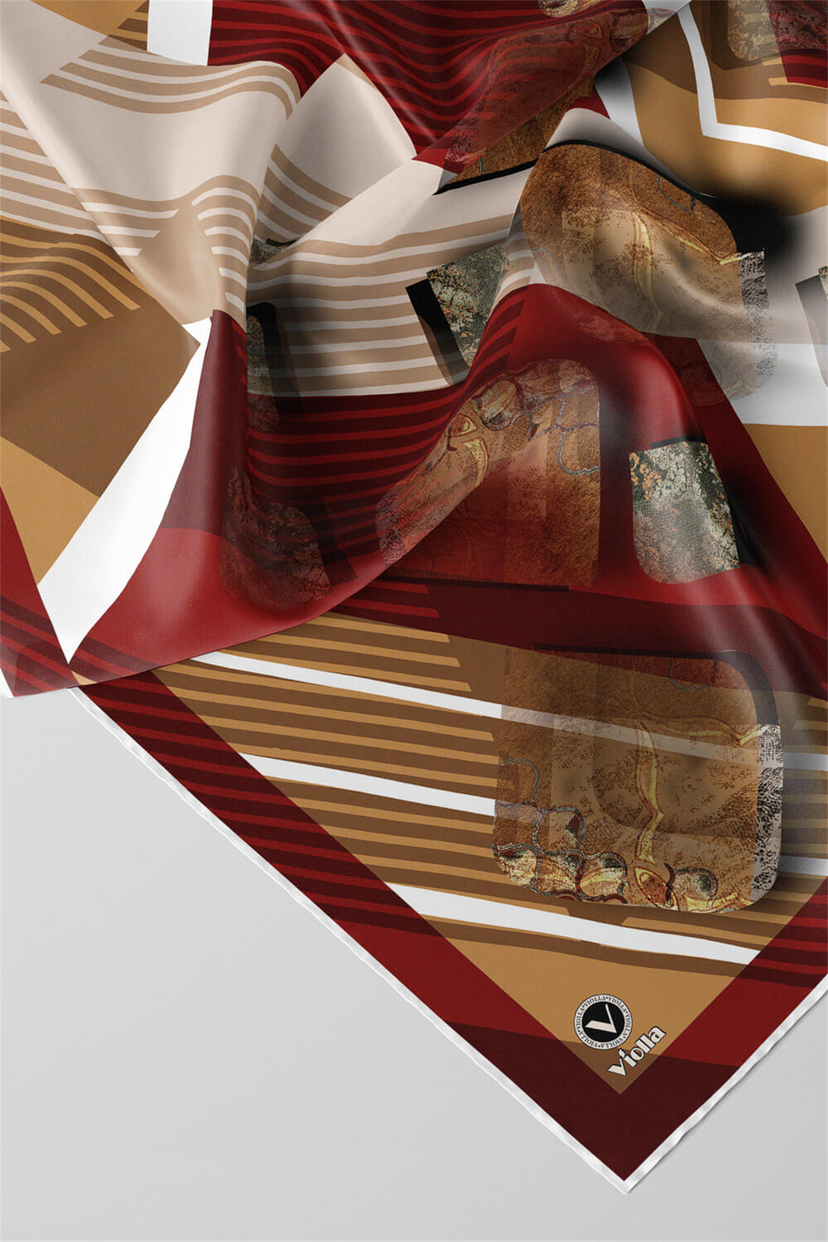 Twill Çizgili ve Geometrik Desenli Bordo Renkli 90x90 Eşarp (İpek İçermez) Kenar Dikiş Şekli El Dikişli