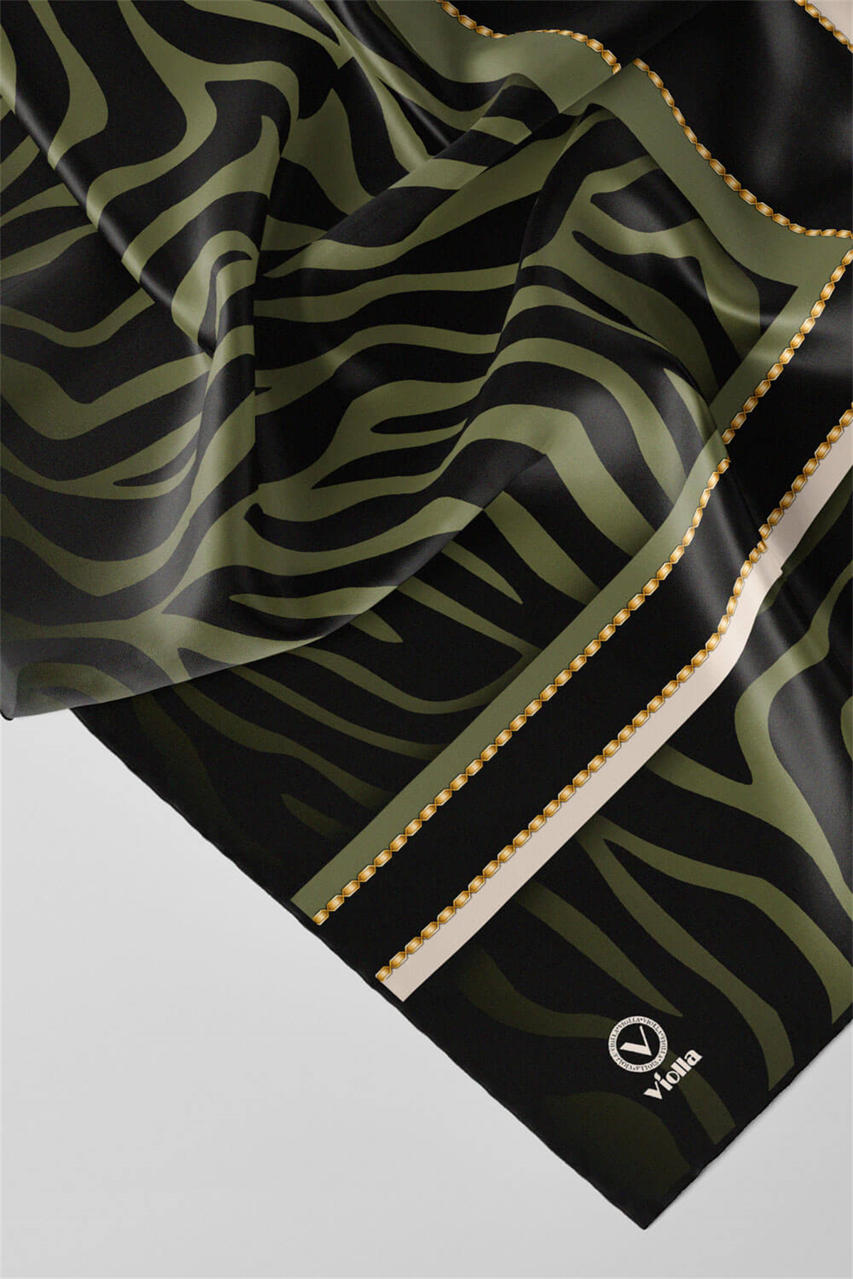 Twill Zebra Desenli Siyah - Haki Renkli 90x90 Eşarp (İpek İçermez) Dikim Şekli : El Dikişi
