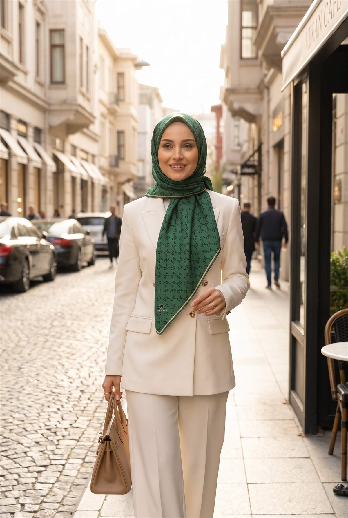 %100 Twill İpek Geometrik Desenli Zümrüt Yeşili Renkli 90x90 Eşarp Dikim Şekli : El Dikişi