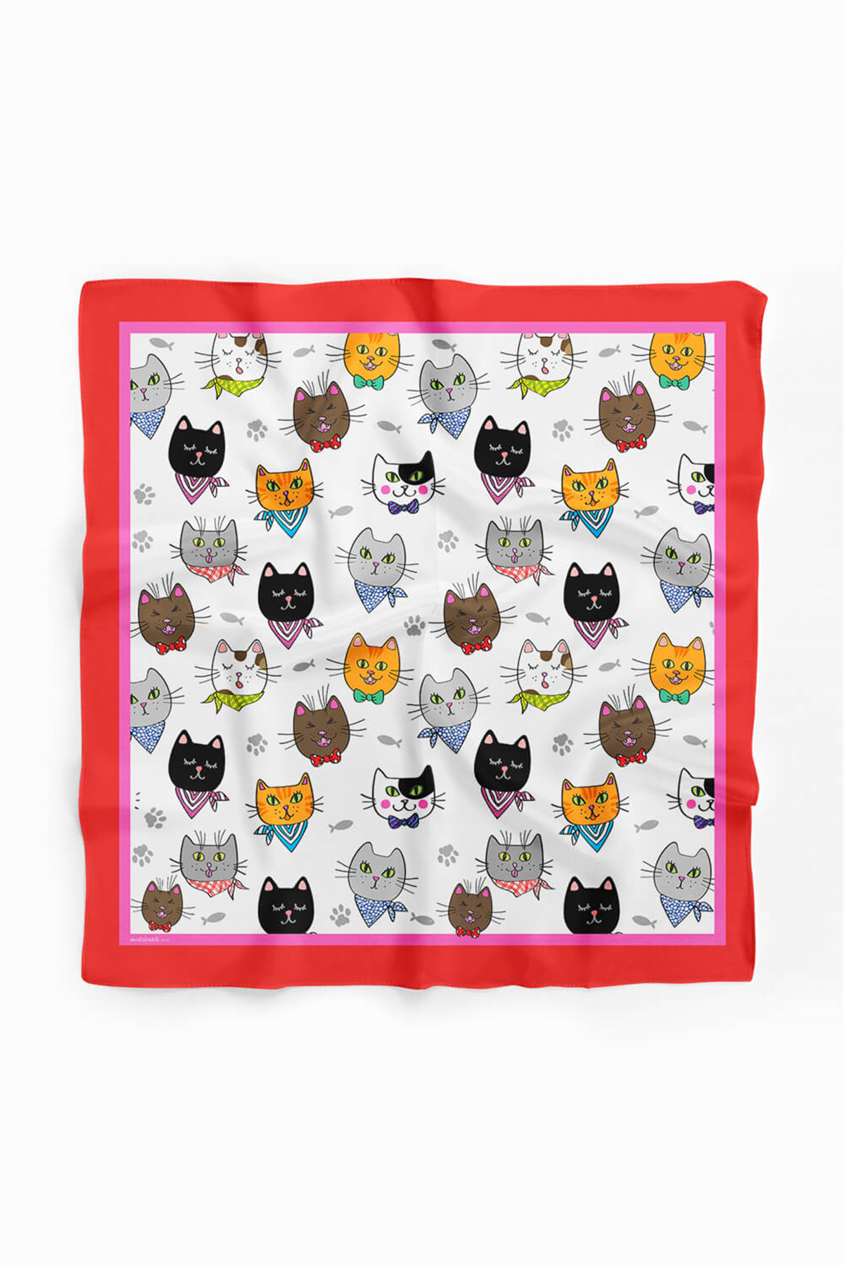 A59 Kadın Kedi Desenli Bandana 50x50 Kırmızı DG0191-22 Snz