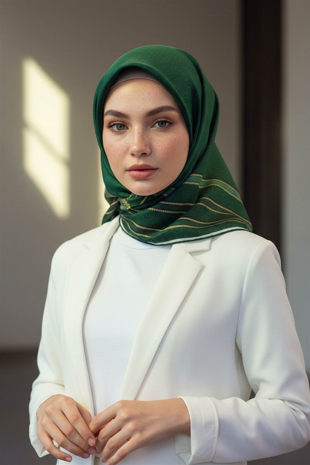 %100 Twill İpek Monogram Desenli Zümrüt Yeşili - Mint Yeşili Renkli 90x90 Eşarp Dikim Şekli : El Dikişi