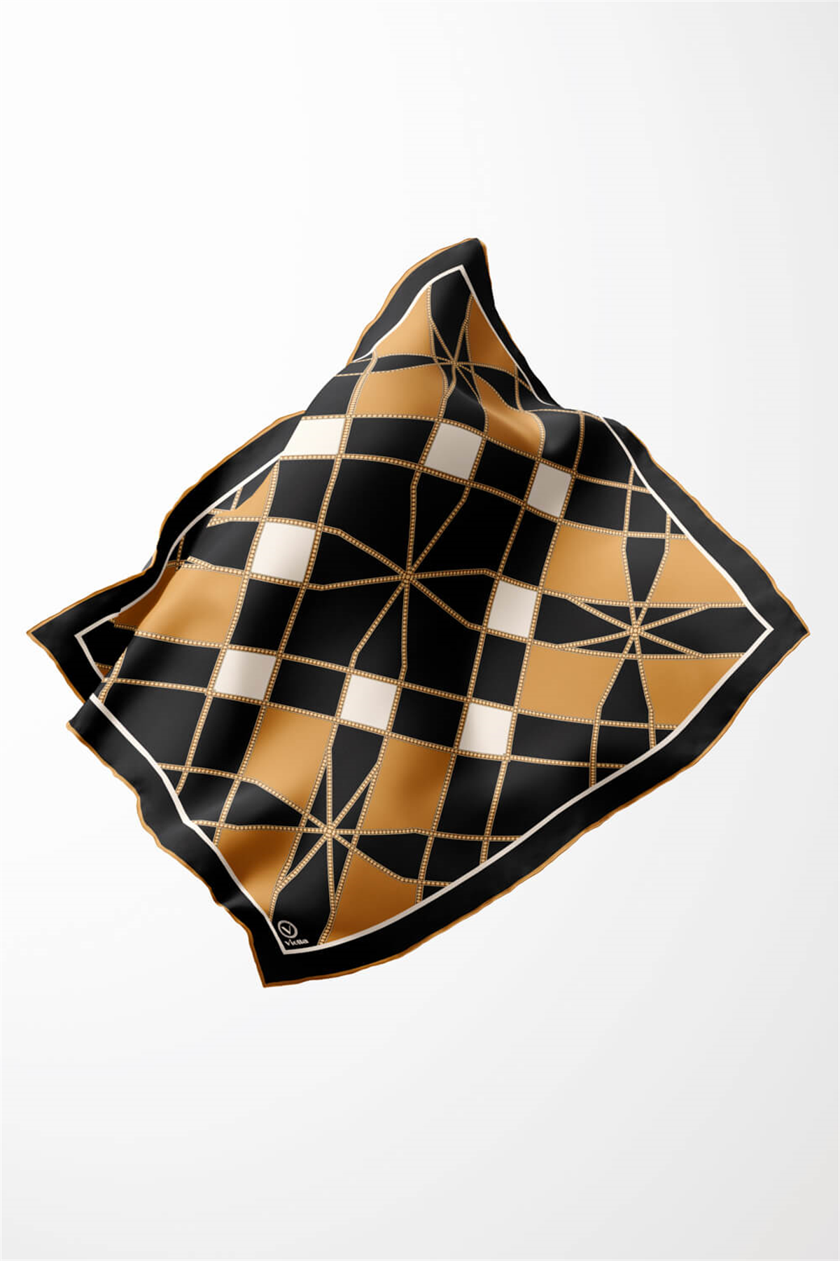 Twill Gold Detaylı Geometrik Çiçekli Desenli Hardal Renkli 90x90 Eşarp (İpek İçermez) Kenar Dikiş Şekli El Dikişli