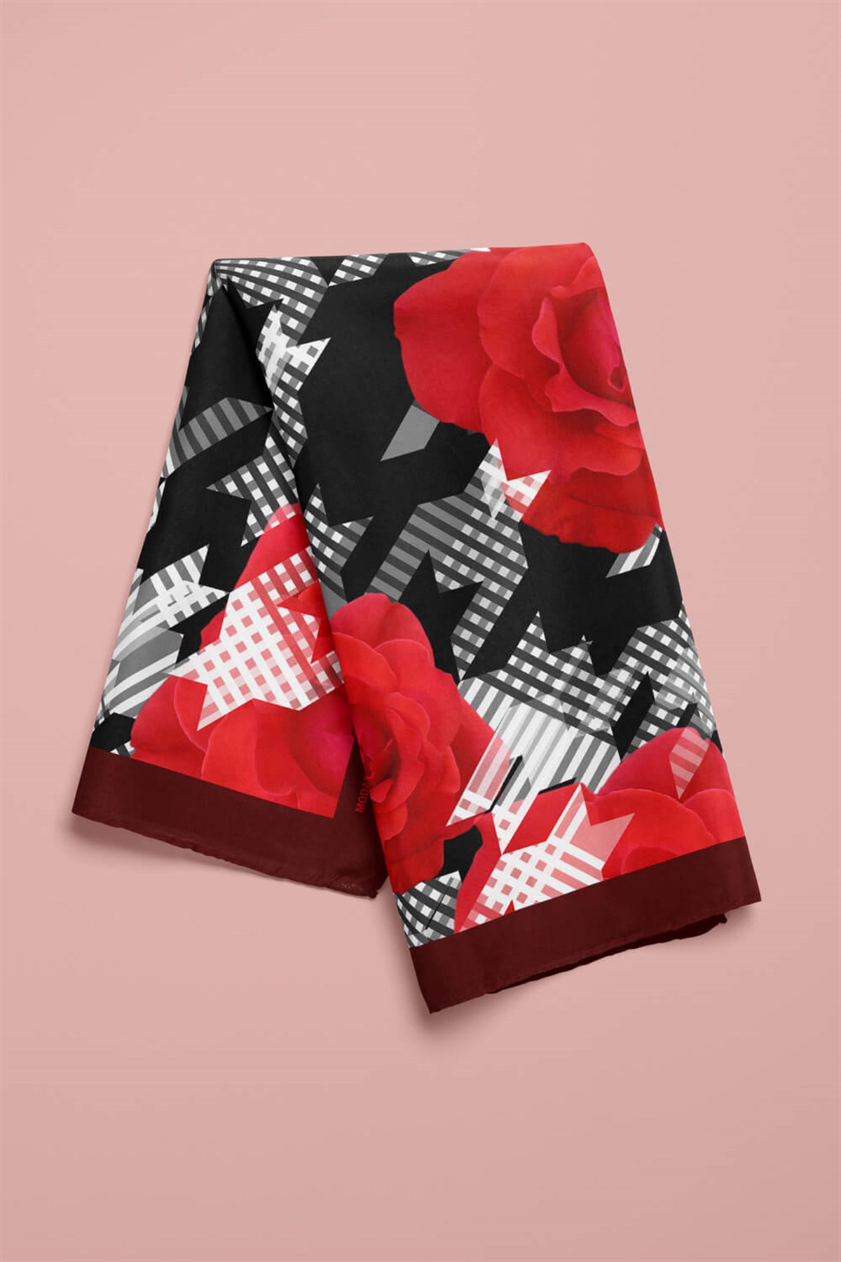 Violla V19 Kadın Gül Desenli Bandana 50x50 Kırmızı Siyah Beyaz DG0441-22