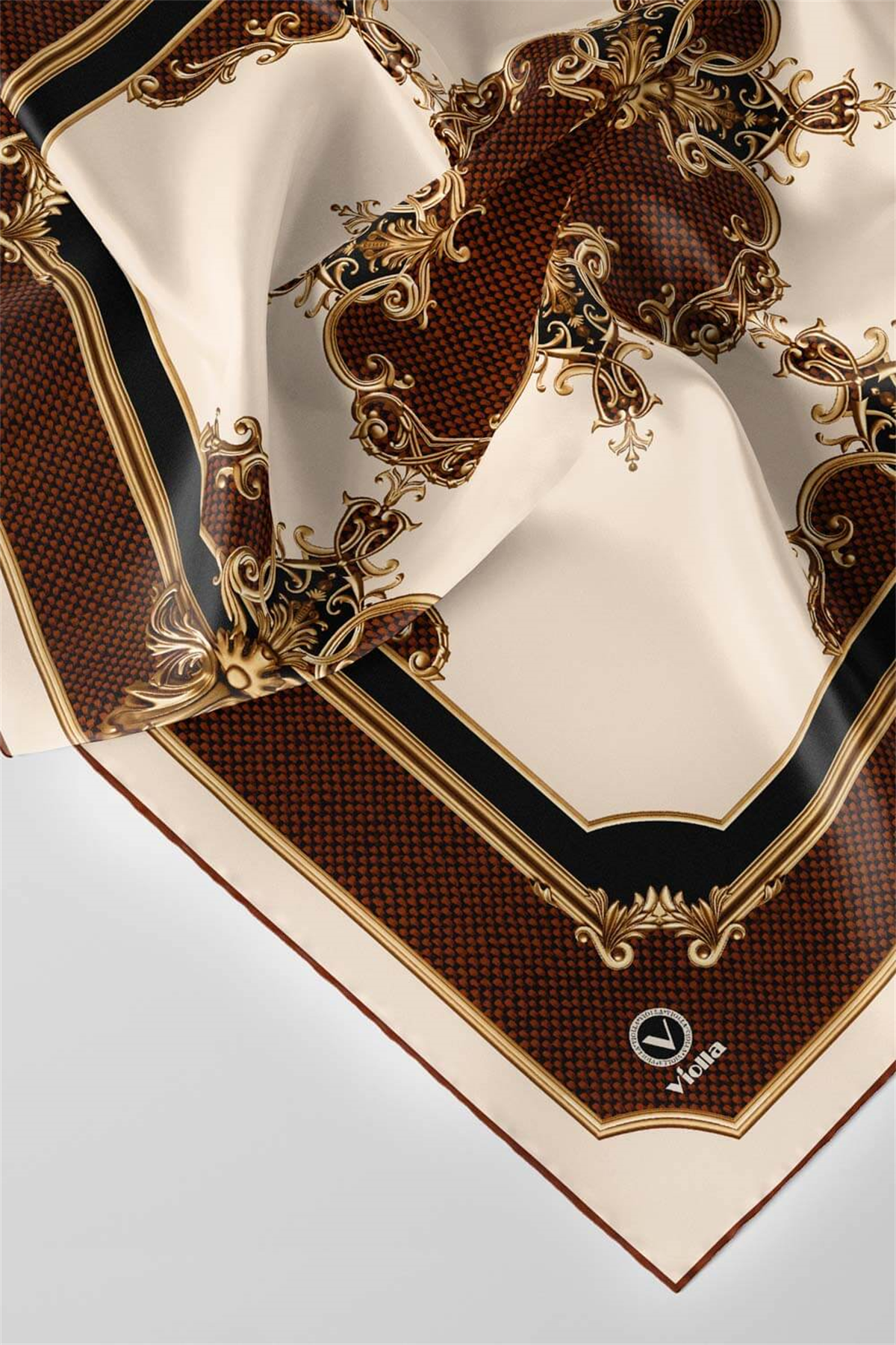 Twill Barok Desenli Taba Renkli 90x90 Eşarp (İpek İçermez) Dikim Şekli : El Dikişi